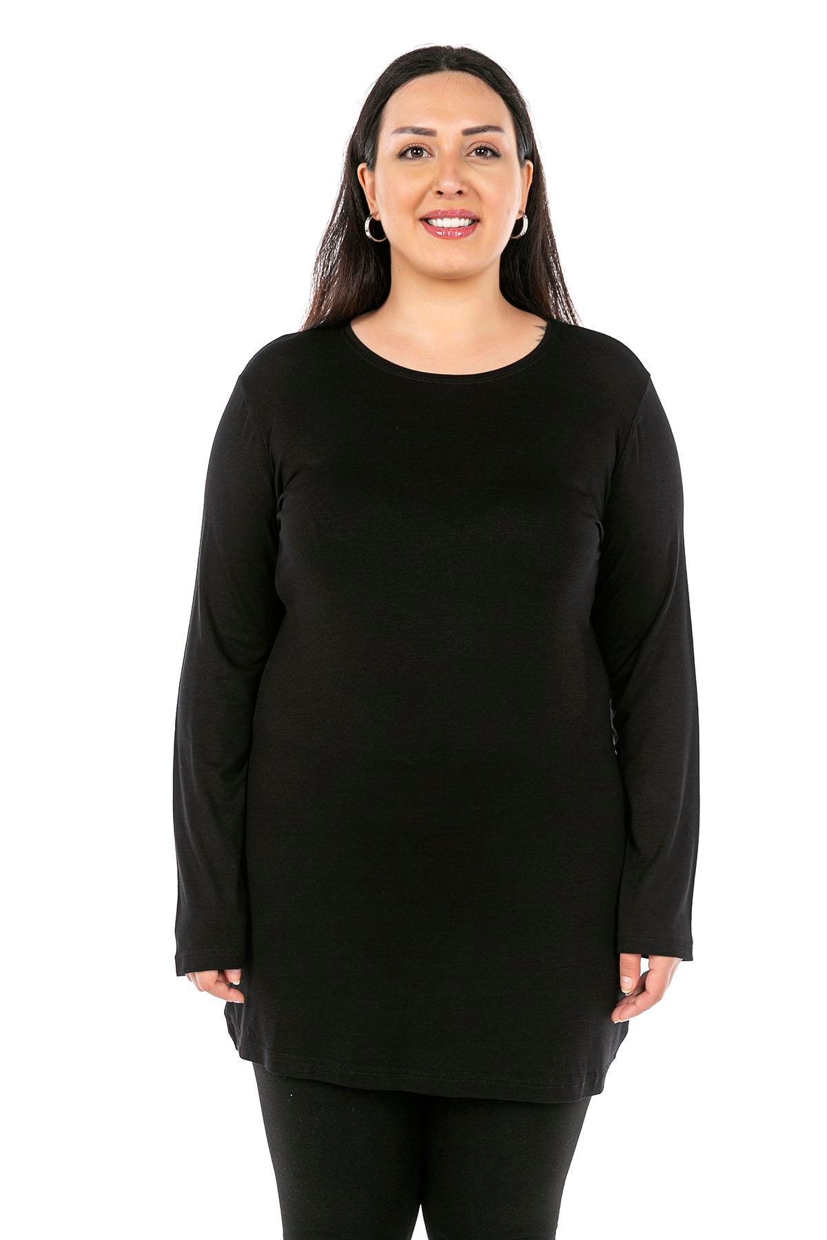 Body | TopsdisentisBüyük Beden Yuvarlak Yaka Uzun Kollu Viskon Uzun Siyah Body