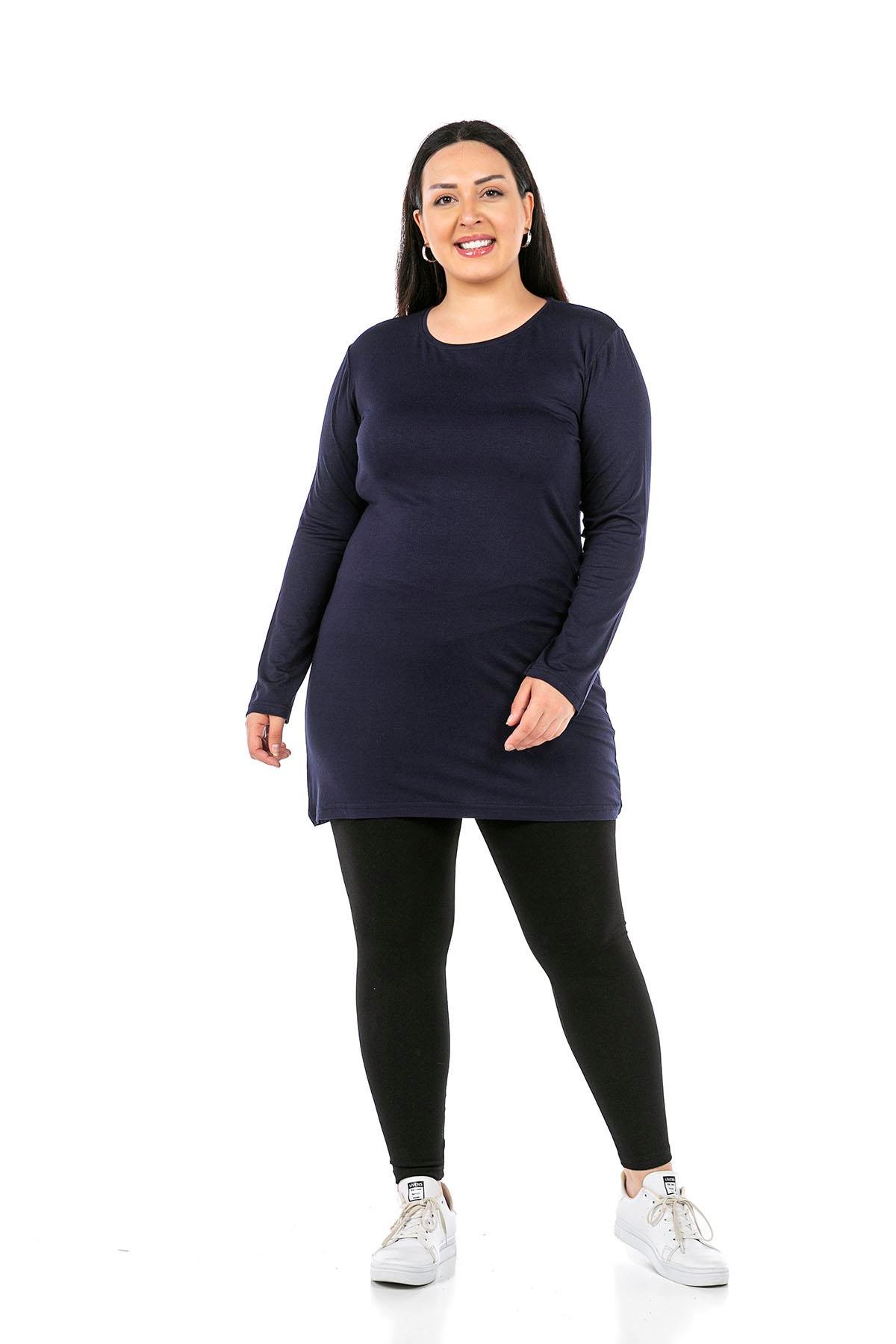 Body | TopsdisentisBüyük Beden Yuvarlak Yaka Uzun Kollu Viskon Uzun Lacivert Body