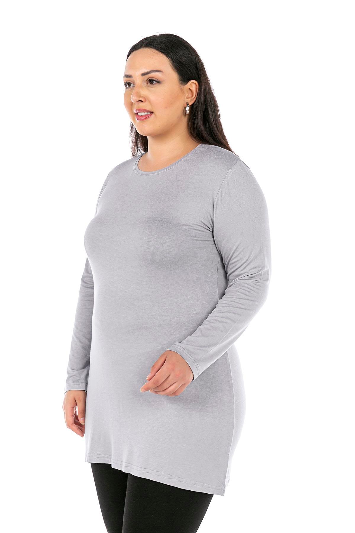 Body | TopsdisentisBüyük Beden Yuvarlak Yaka Uzun Kollu Viskon Uzun Gri Body