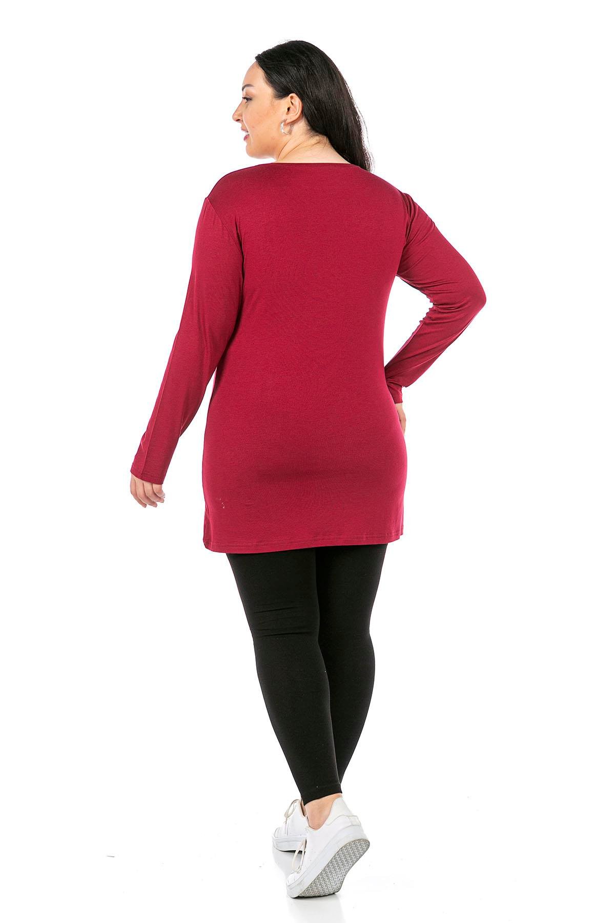 Body | TopsdisentisBüyük Beden Yuvarlak Yaka Uzun Kollu Viskon Uzun Bordo Body