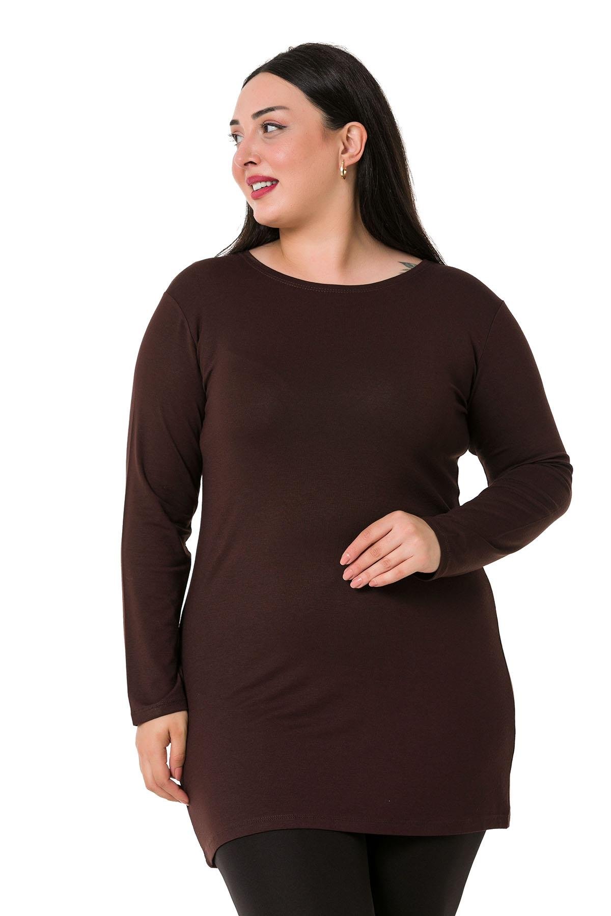 Body | TopsdisentisBüyük Beden Yuvarlak Yaka Uzun Kollu Viskon Uzun Kahverengi Body