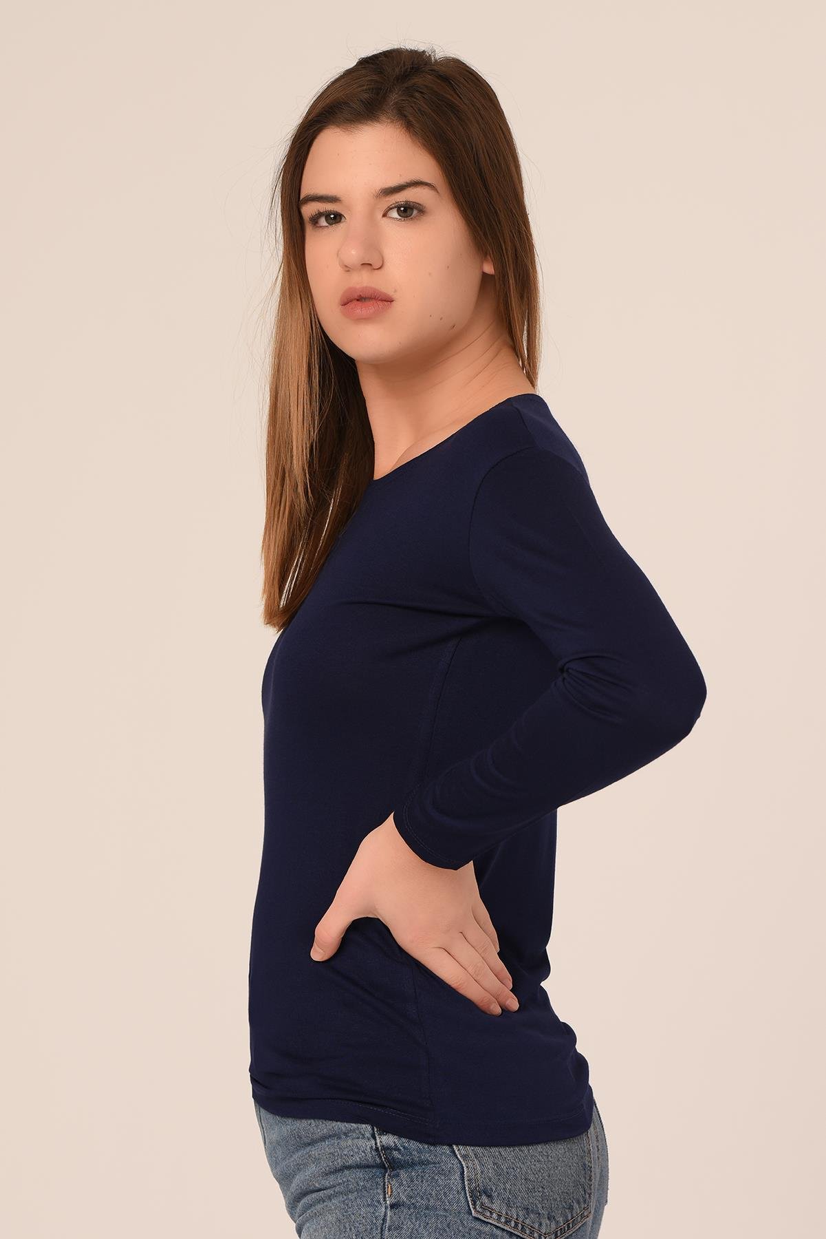 Body | TopsdisentisYuvarlak Yaka Uzun Kollu Viskon Lacivert Body