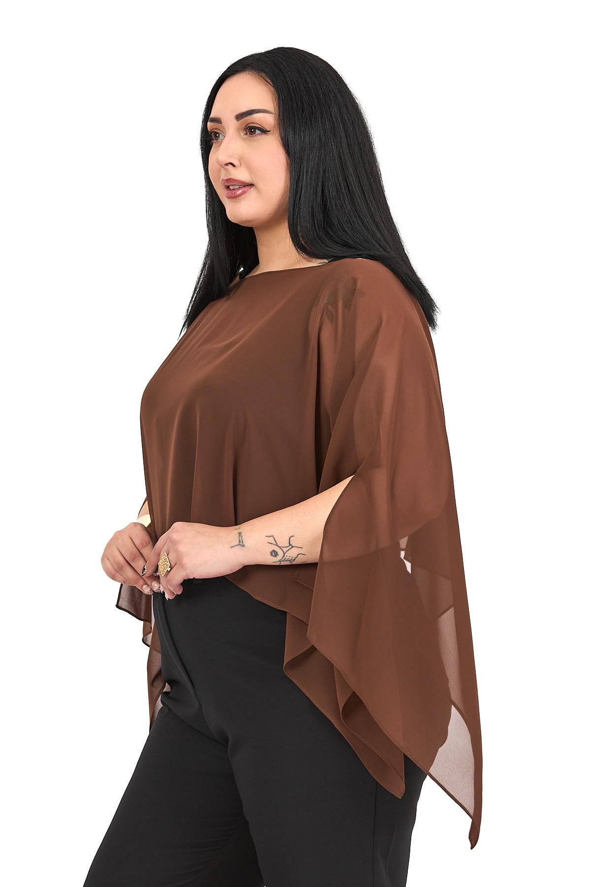 Bolero | Kimono | KapDisentis Modest Büyük Beden Asimetrik Kesim Şifon Kahverengi Pelerin BoleroDISENTIS MODESTBüyük Beden Asimetrik Kesim Şifon Kahverengi Pelerin Bolero