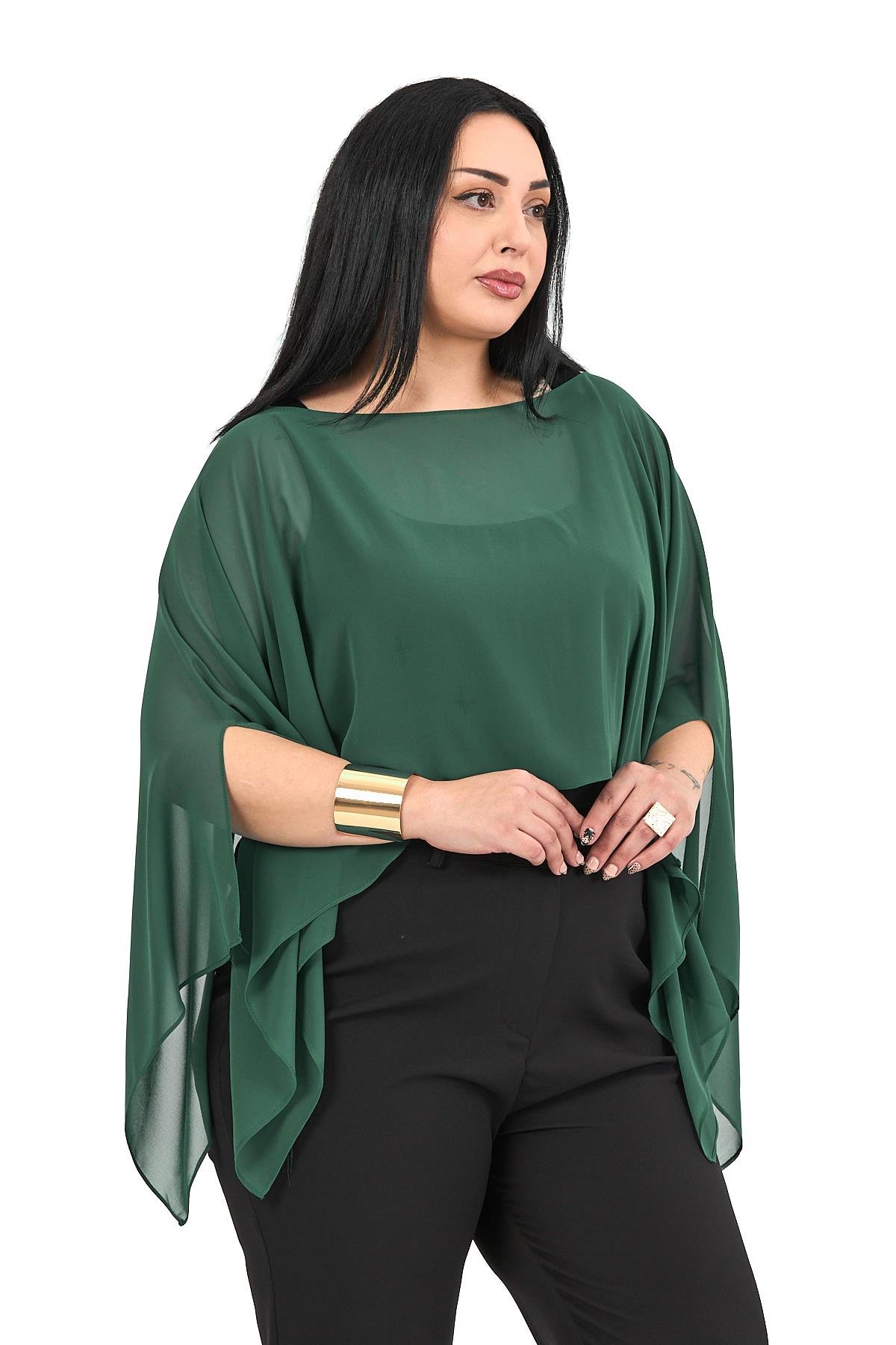 Bolero | Kimono | KapDisentis Modest Büyük Beden Asimetrik Kesim Şifon Zümrüt Yeşili Pelerin BoleroDISENTIS MODESTBüyük Beden Asimetrik Kesim Şifon Zümrüt Yeşili Pelerin Bolero