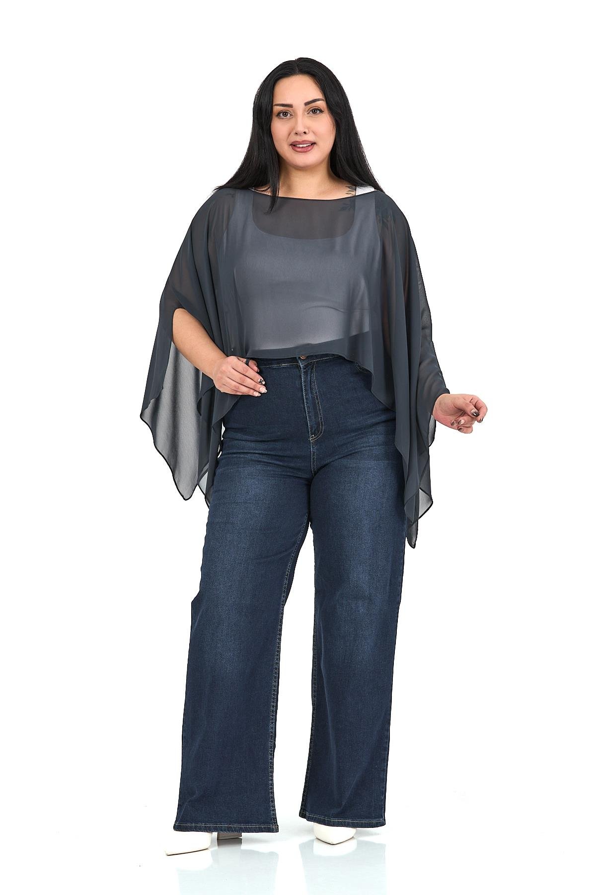 Bolero | Kimono | KapDisentis Modest Büyük Beden Asimetrik Kesim Şifon Koyu Gri Pelerin BoleroDISENTIS MODESTBüyük Beden Asimetrik Kesim Şifon Koyu Gri Pelerin Bolero