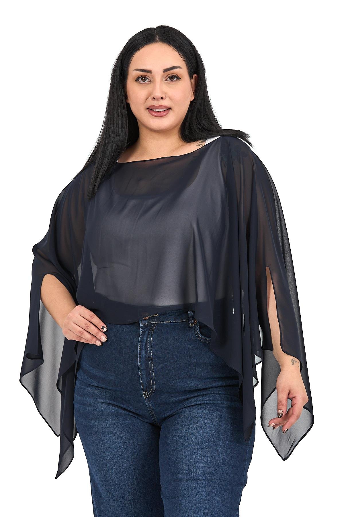 Bolero | Kimono | KapDisentis Modest Büyük Beden Asimetrik Kesim Şifon Koyu Lacivert Pelerin BoleroDISENTIS MODESTBüyük Beden Asimetrik Kesim Şifon Koyu Lacivert Pelerin Bolero