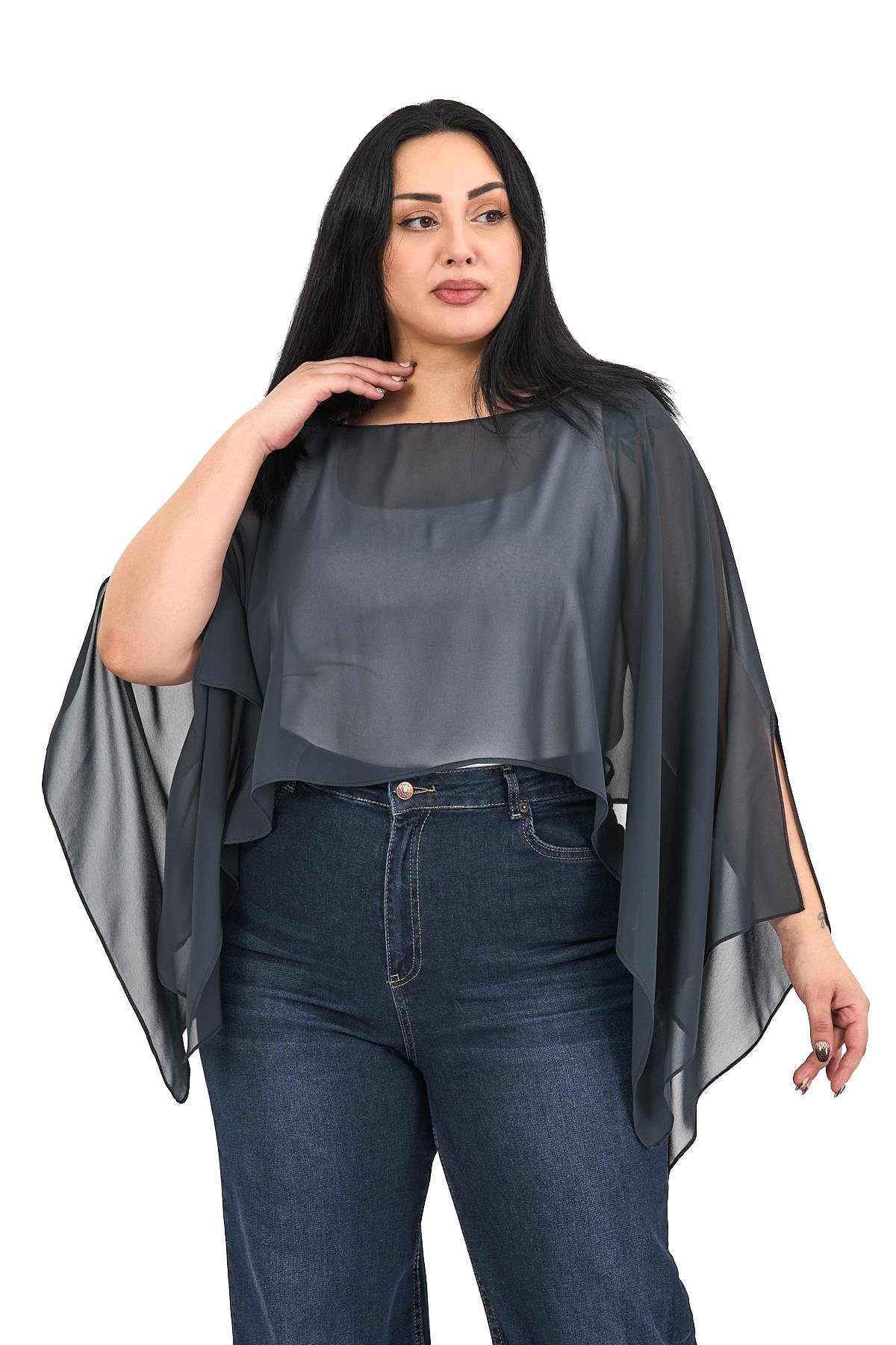 Bolero | Kimono | KapDisentis Modest Büyük Beden Asimetrik Kesim Şifon Koyu Gri Pelerin BoleroDISENTIS MODESTBüyük Beden Asimetrik Kesim Şifon Koyu Gri Pelerin Bolero
