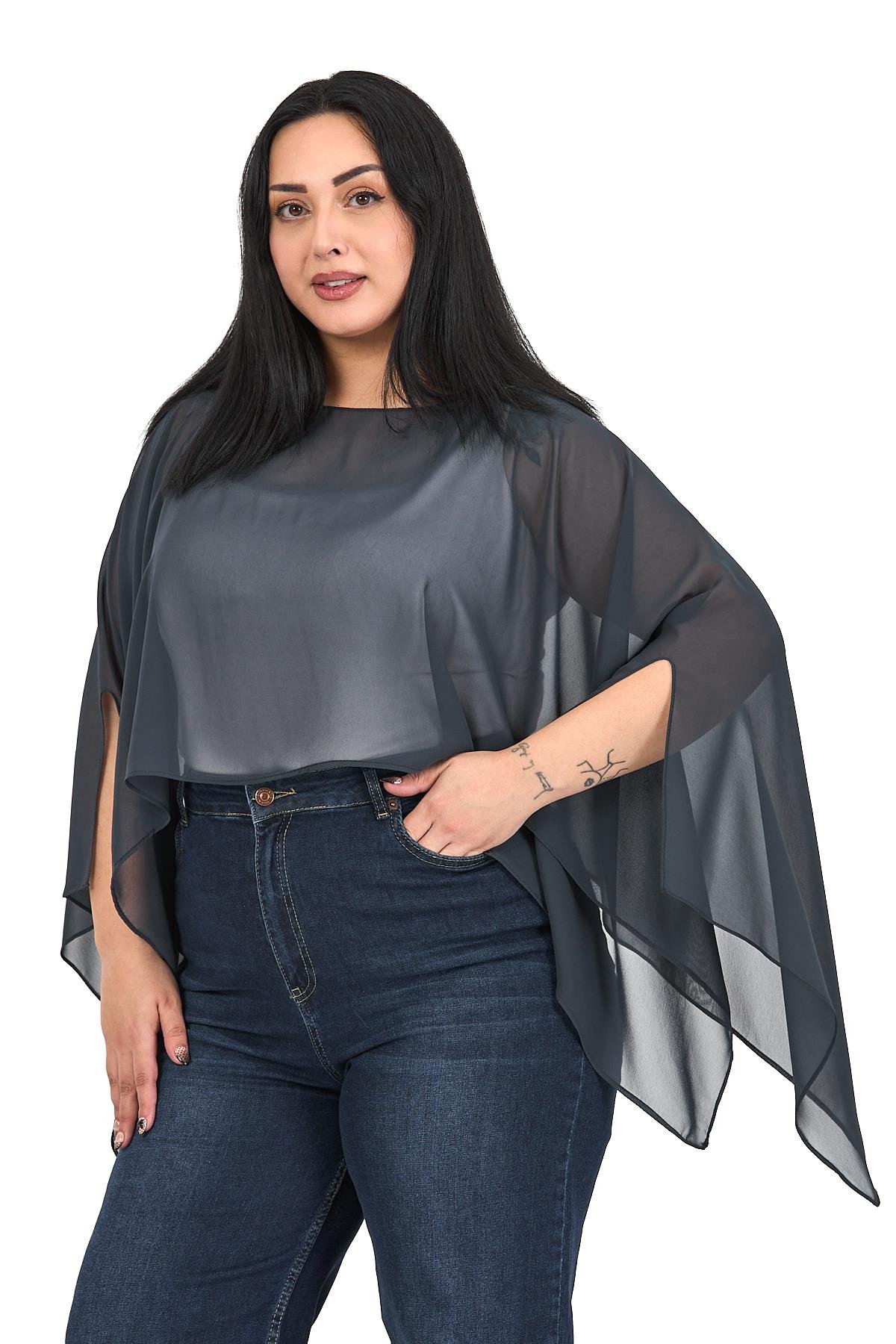 Bolero | Kimono | KapDisentis Modest Büyük Beden Asimetrik Kesim Şifon Koyu Gri Pelerin BoleroDISENTIS MODESTBüyük Beden Asimetrik Kesim Şifon Koyu Gri Pelerin Bolero