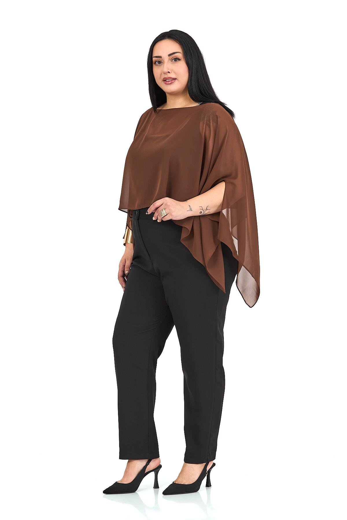 Bolero | Kimono | KapDisentis Modest Büyük Beden Asimetrik Kesim Şifon Kahverengi Pelerin BoleroDISENTIS MODESTBüyük Beden Asimetrik Kesim Şifon Kahverengi Pelerin Bolero