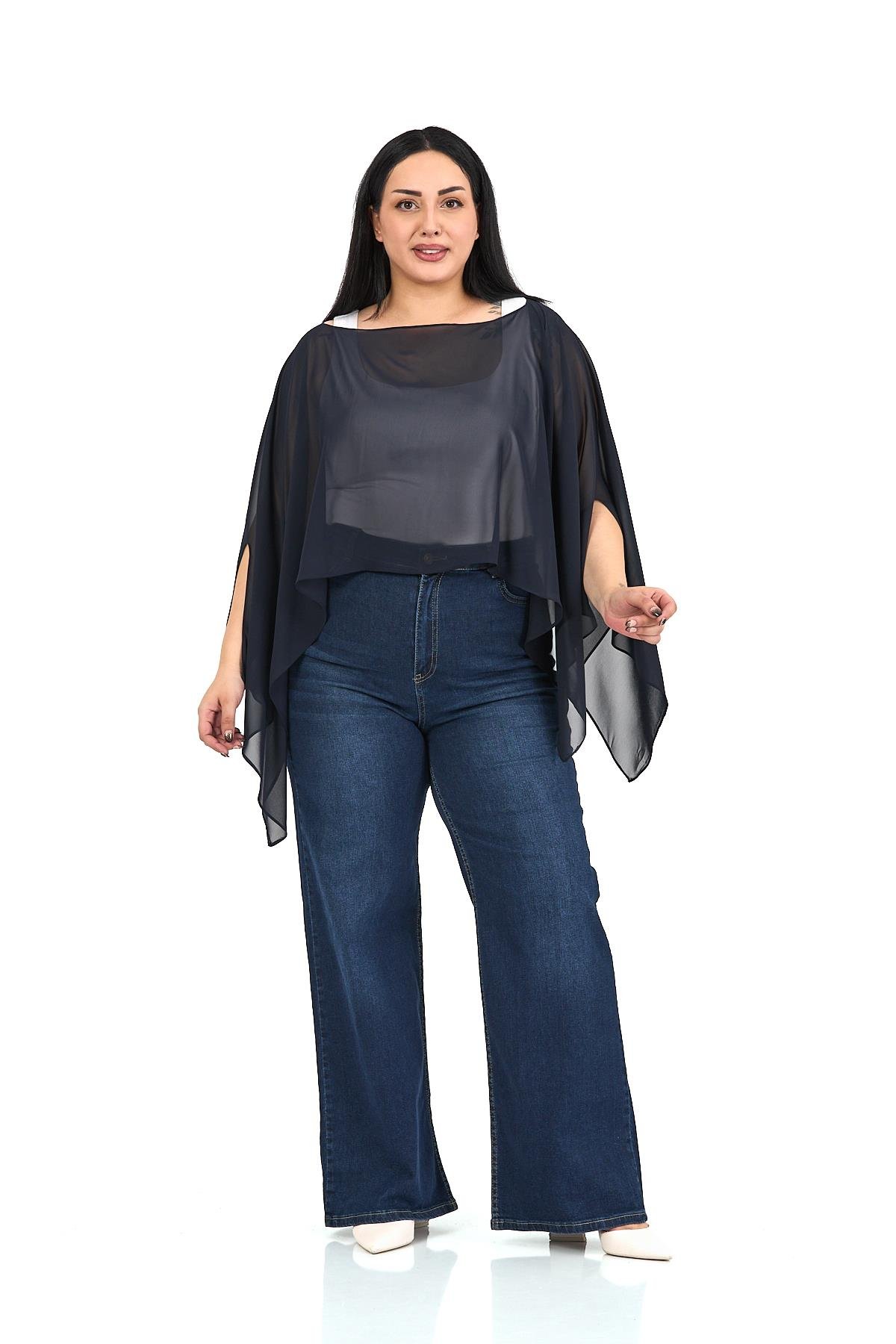 Bolero | Kimono | KapDisentis Modest Büyük Beden Asimetrik Kesim Şifon Koyu Lacivert Pelerin BoleroDISENTIS MODESTBüyük Beden Asimetrik Kesim Şifon Koyu Lacivert Pelerin Bolero