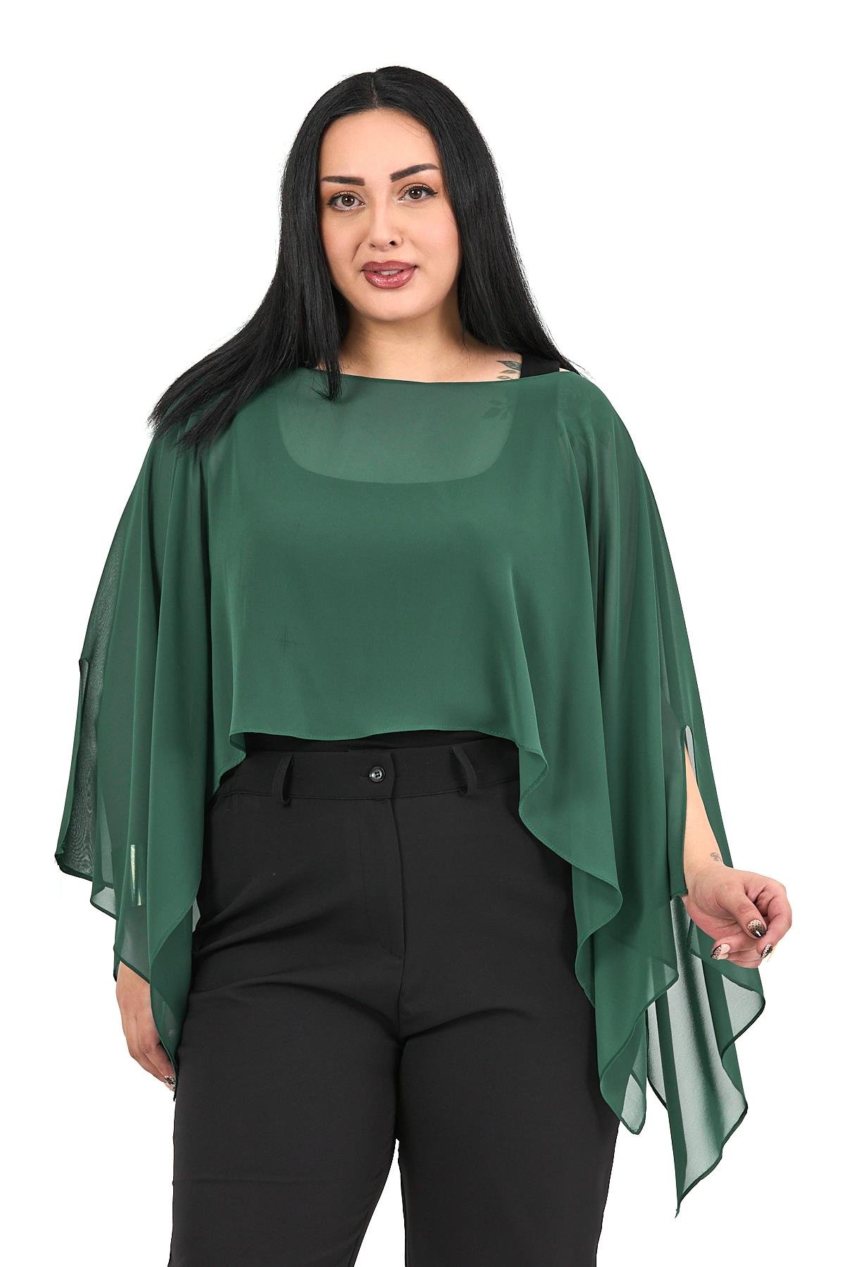 Bolero | Kimono | KapDisentis Modest Büyük Beden Asimetrik Kesim Şifon Zümrüt Yeşili Pelerin BoleroDISENTIS MODESTBüyük Beden Asimetrik Kesim Şifon Zümrüt Yeşili Pelerin Bolero