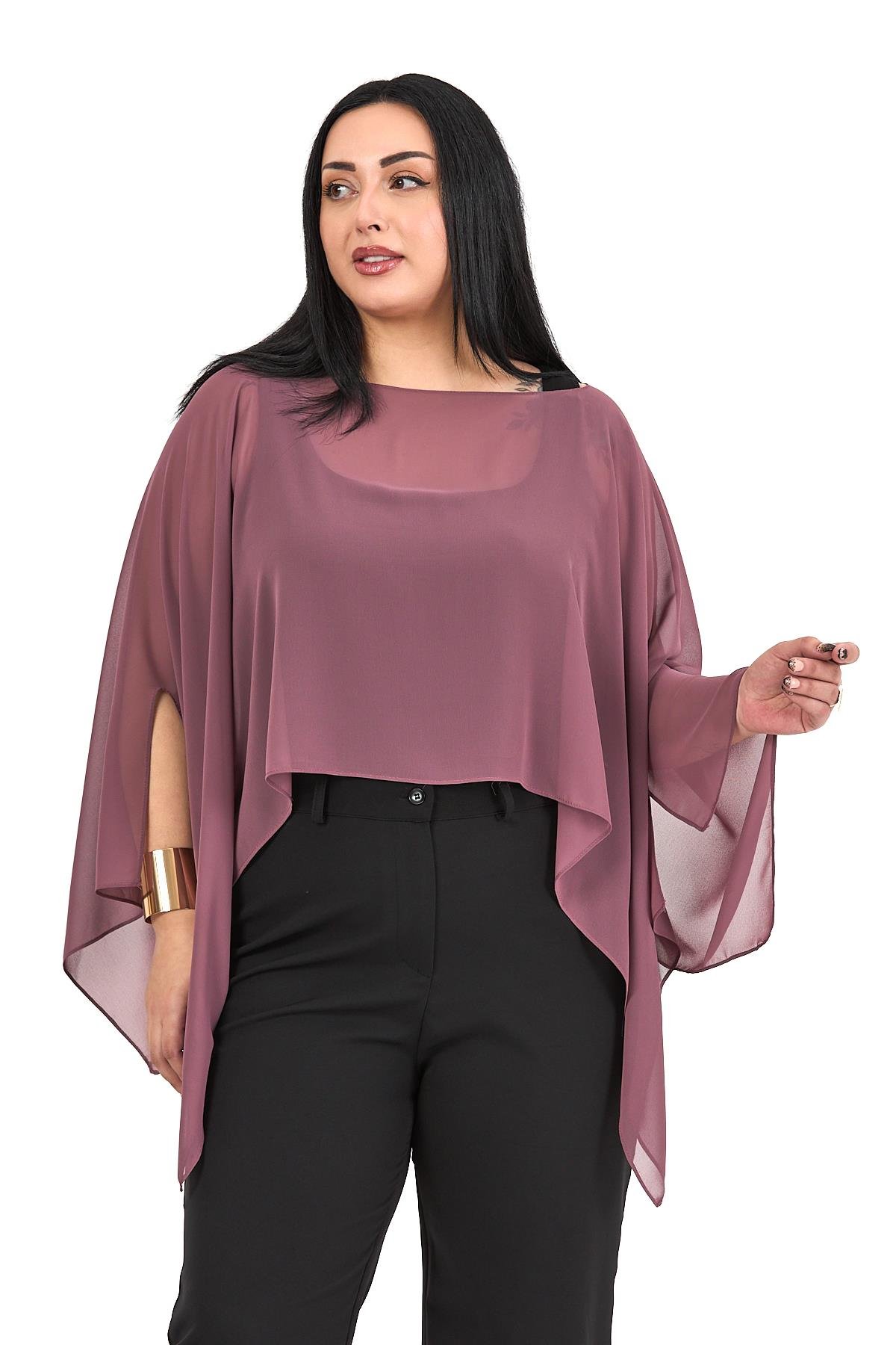 Bolero | Kimono | KapDisentis Modest Büyük Beden Asimetrik Kesim Şifon Gül Kurusu Pelerin BoleroDISENTIS MODESTBüyük Beden Asimetrik Kesim Şifon Gül Kurusu Pelerin Bolero