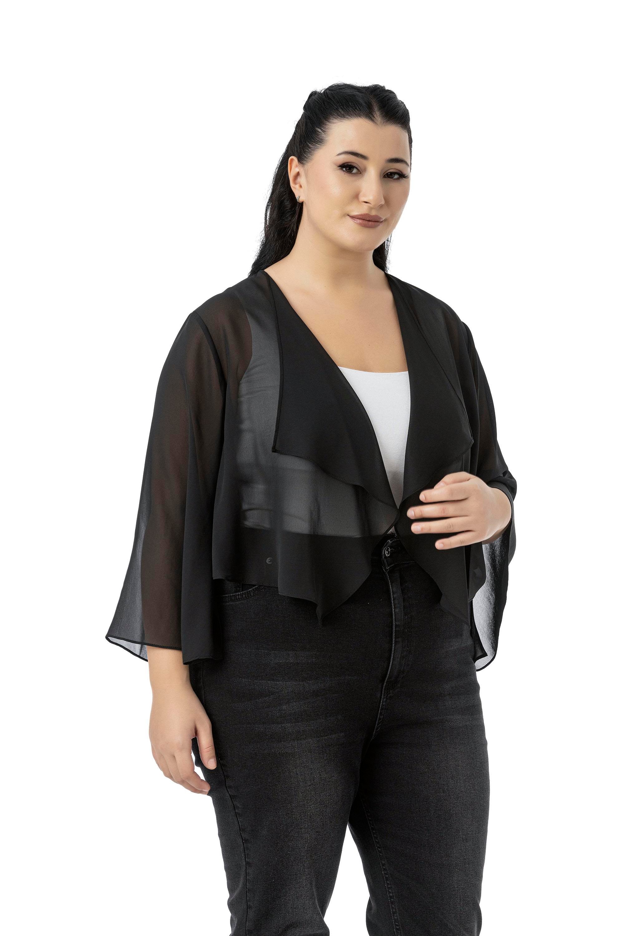 Bolero | Kimono | KapDisentis Modest Büyük Beden Kolu Yırtmaç Detaylı Şifon Siyah BoleroDISENTIS MODESTBüyük Beden Kolu Yırtmaç Detaylı Şifon Siyah Bolero