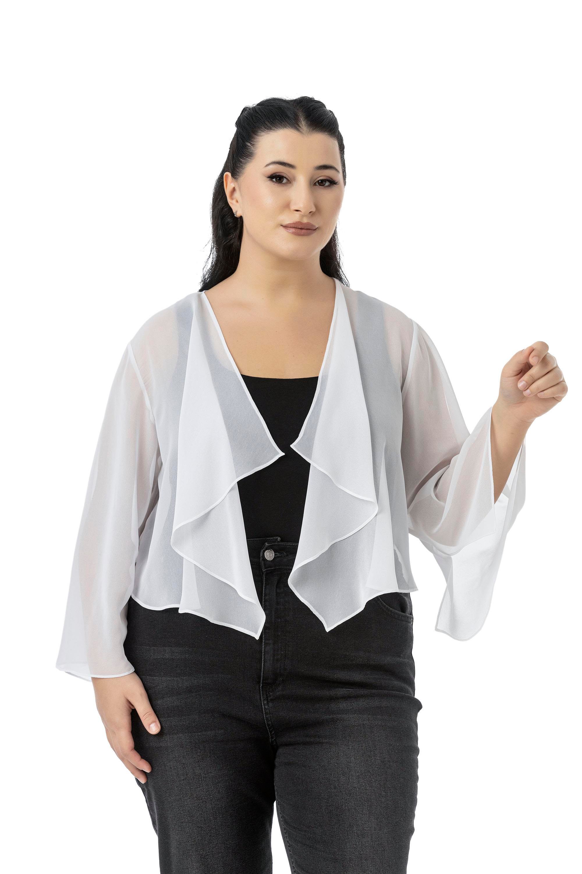 Bolero | Kimono | KapDisentis Modest Büyük Beden Kolu Yırtmaç Detaylı Şifon Beyaz BoleroDISENTIS MODESTBüyük Beden Kolu Yırtmaç Detaylı Şifon Beyaz Bolero