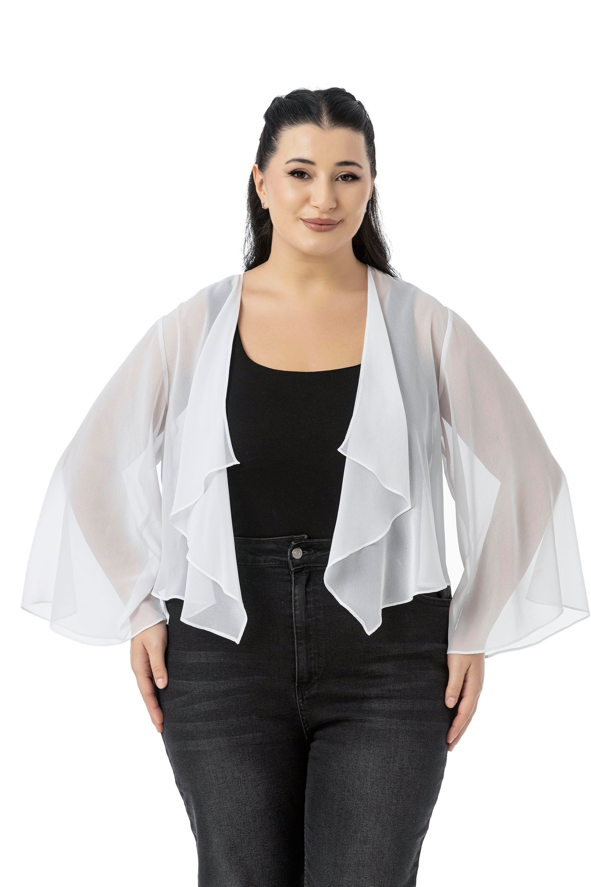 Bolero | Kimono | KapDisentis Modest Büyük Beden Kolu Yırtmaç Detaylı Şifon Beyaz BoleroDISENTIS MODESTBüyük Beden Kolu Yırtmaç Detaylı Şifon Beyaz Bolero