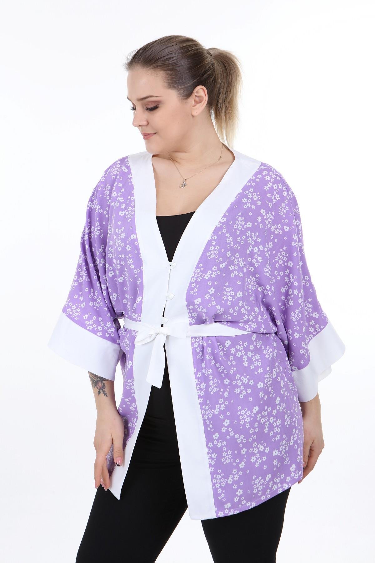 Bolero | Kimono | KapdisentisÖnden Bağlamalı ve Düğmeli Kolları Geniş Küçük Çiçekli Lila Rengi Kimono