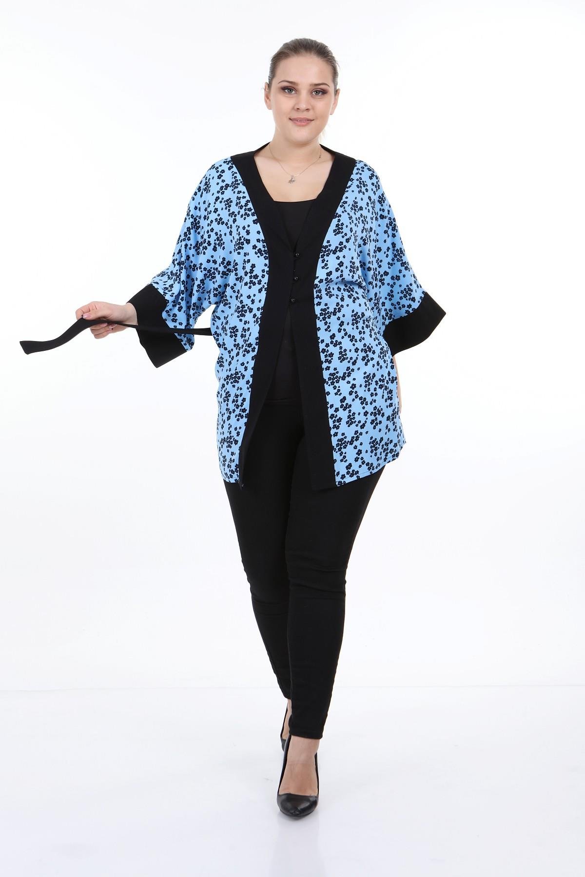 Bolero | Kimono | KapdisentisÖnden Bağlamalı ve Düğmeli Kolları Geniş Küçük Çiçekli Mavi Kimono