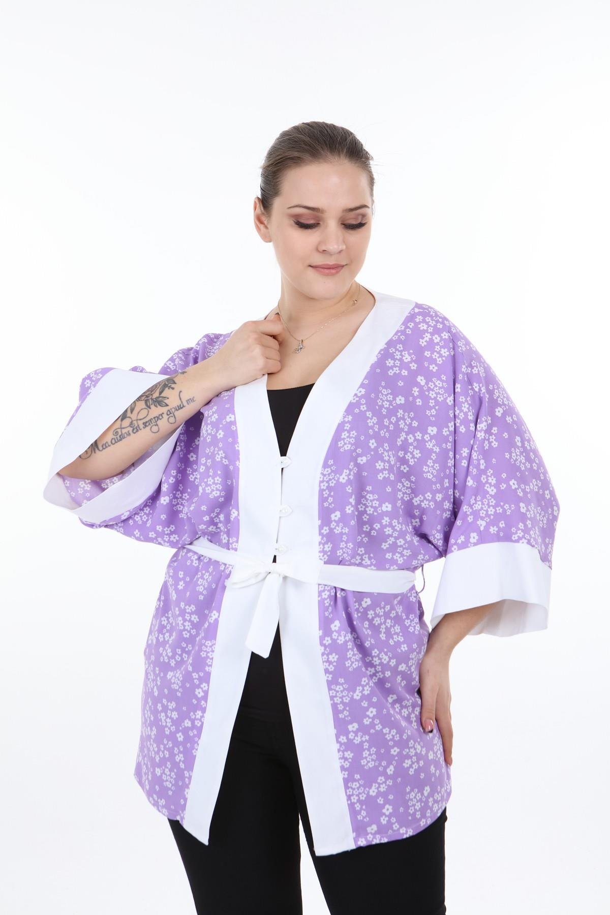 Bolero | Kimono | KapdisentisÖnden Bağlamalı ve Düğmeli Kolları Geniş Küçük Çiçekli Lila Rengi Kimono