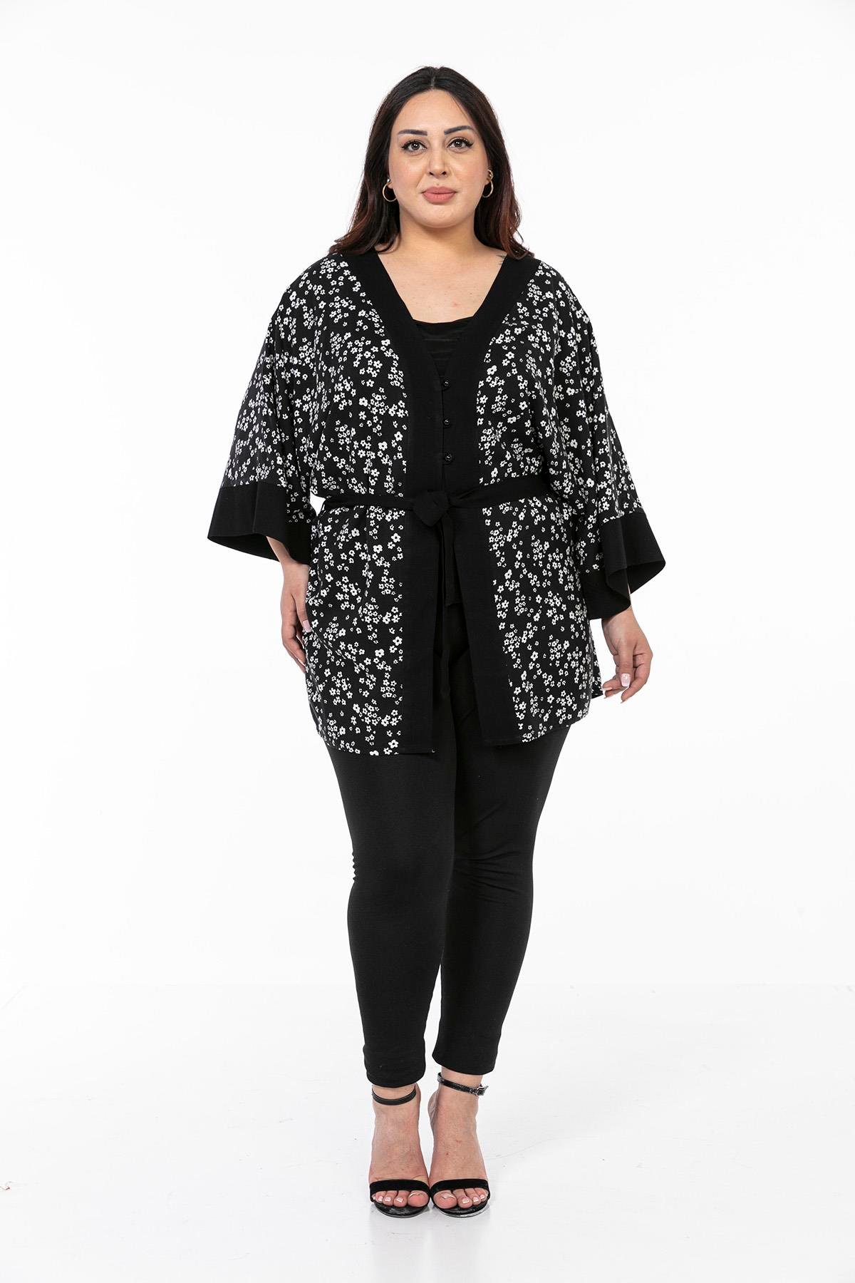 Bolero | Kimono | KapÖnden Bağlamalı ve Düğmeli Kolları Geniş Küçük Çiçekli Siyah Beyaz KimonodisentisÖnden Bağlamalı ve Düğmeli Kolları Geniş Küçük Çiçekli Siyah Beyaz Kimono