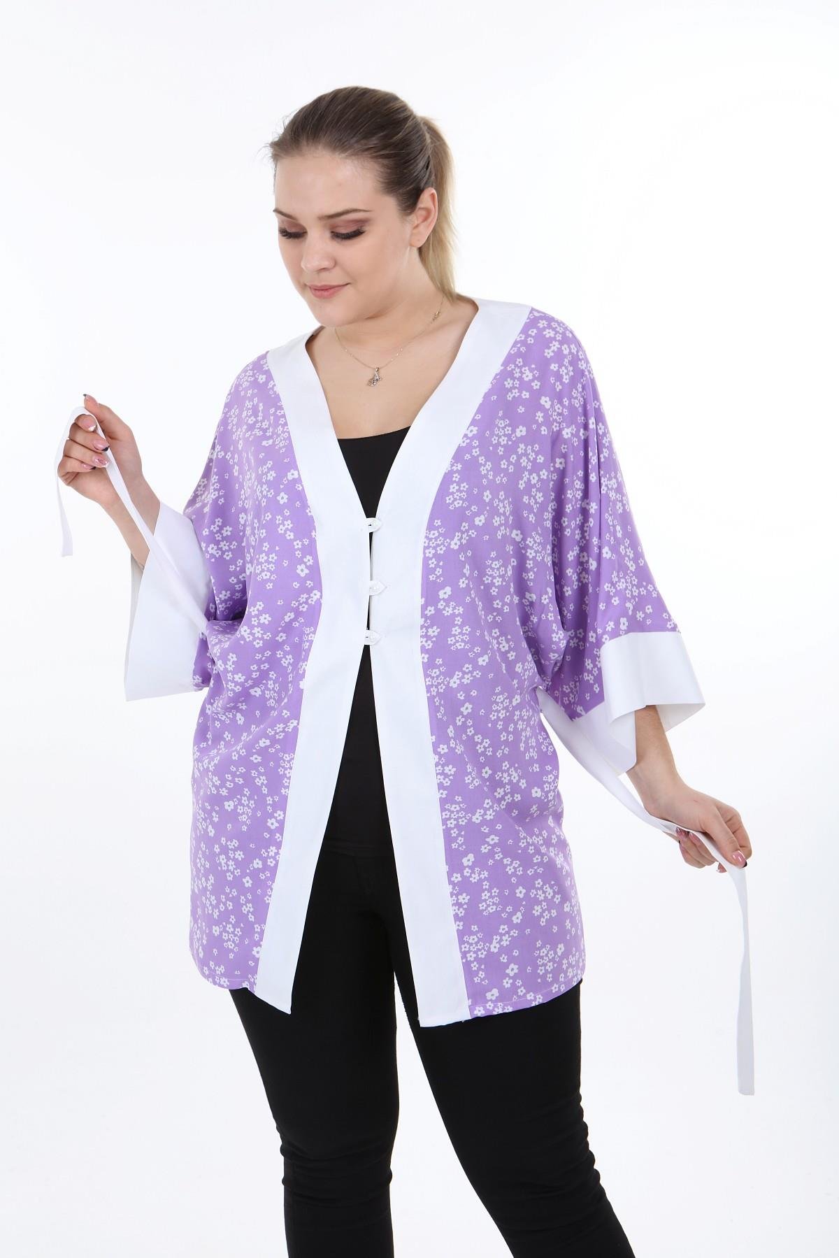 Bolero | Kimono | KapdisentisÖnden Bağlamalı ve Düğmeli Kolları Geniş Küçük Çiçekli Lila Rengi Kimono
