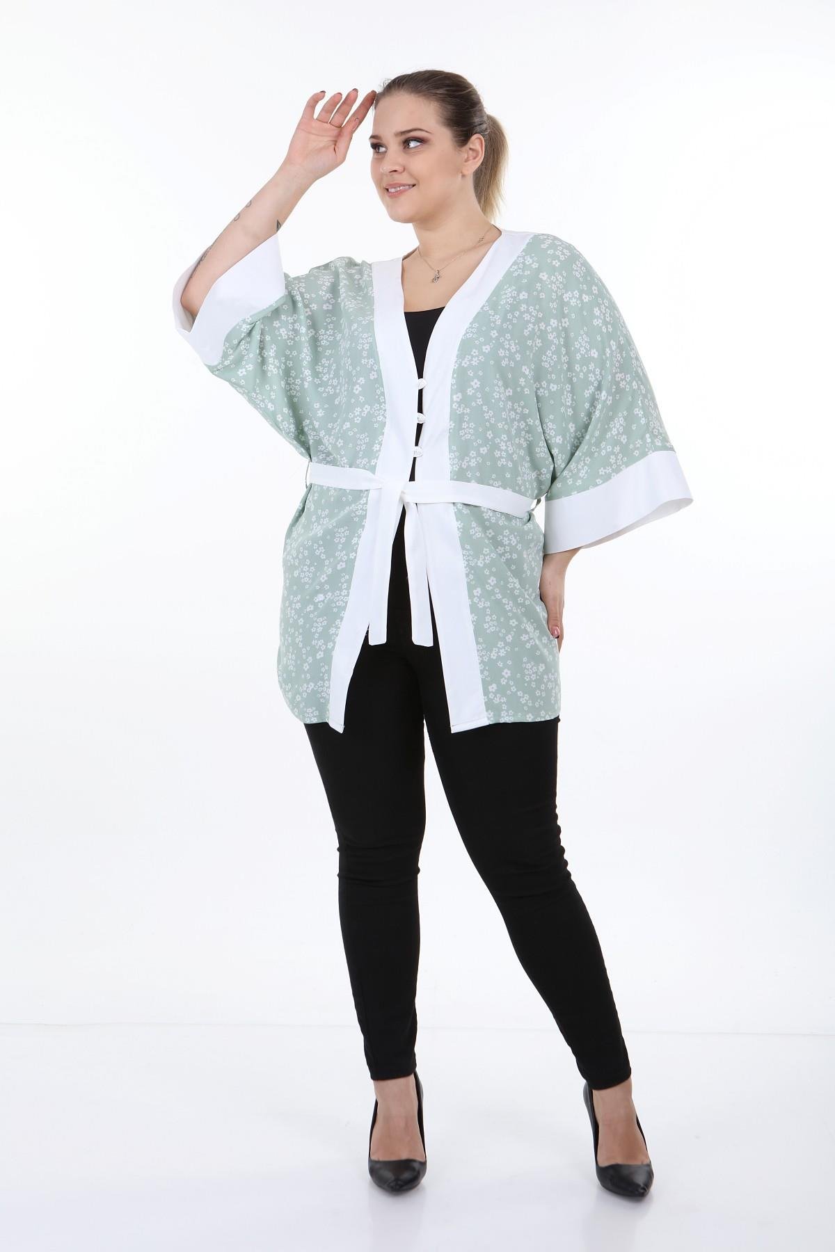 Bolero | Kimono | KapdisentisÖnden Bağlamalı ve Düğmeli Kolları Geniş Küçük Çiçekli Yeşil Kimono