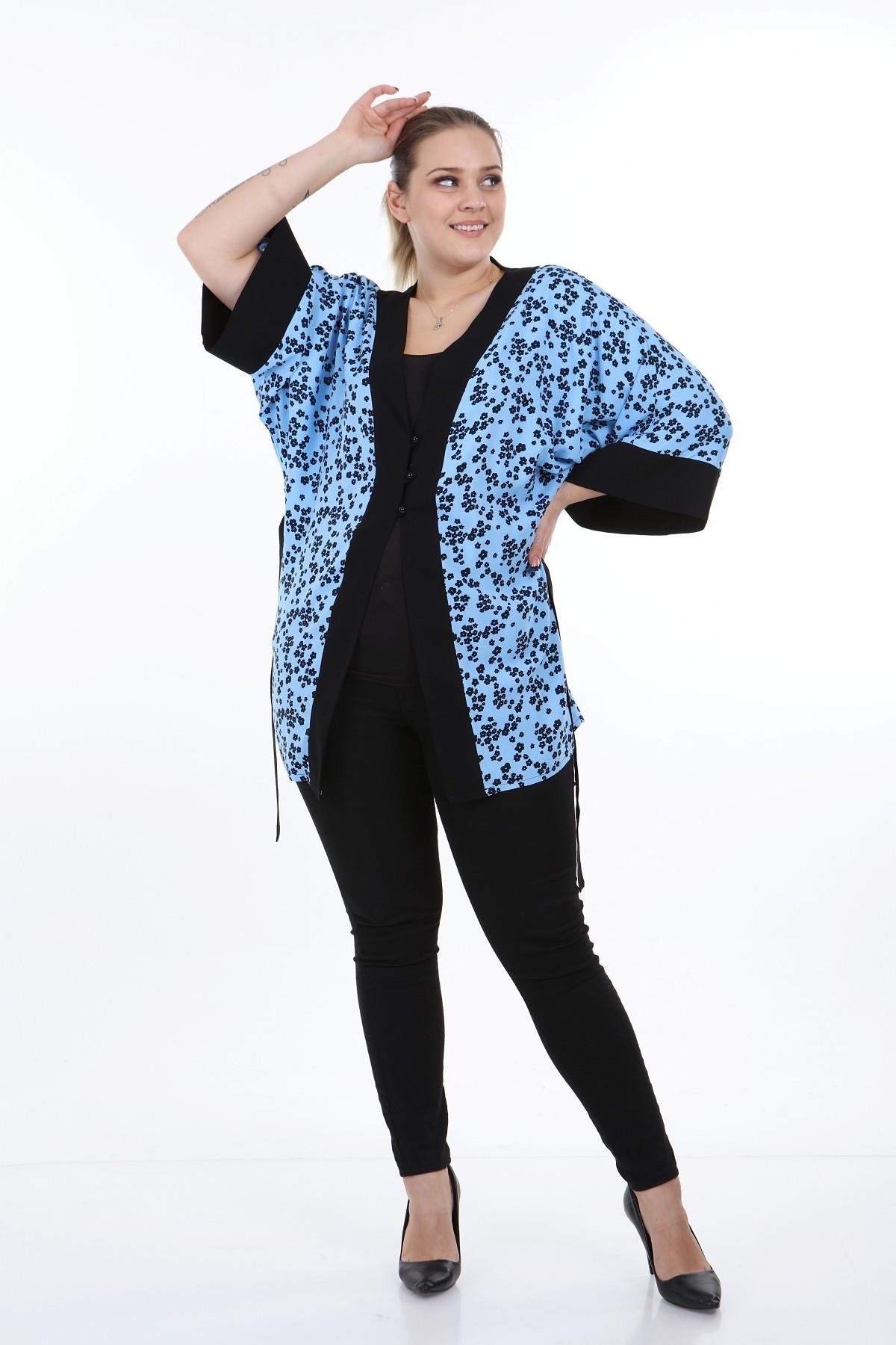 Bolero | Kimono | KapdisentisÖnden Bağlamalı ve Düğmeli Kolları Geniş Küçük Çiçekli Mavi Kimono