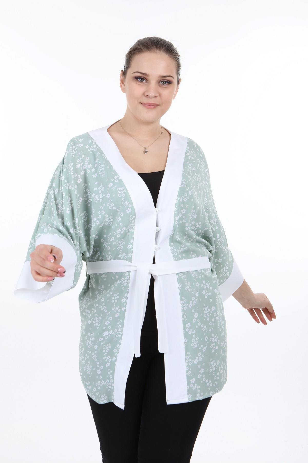 Bolero | Kimono | KapdisentisÖnden Bağlamalı ve Düğmeli Kolları Geniş Küçük Çiçekli Yeşil Kimono