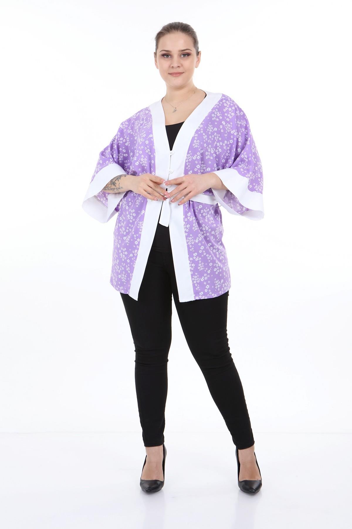Bolero | Kimono | KapdisentisÖnden Bağlamalı ve Düğmeli Kolları Geniş Küçük Çiçekli Lila Rengi Kimono