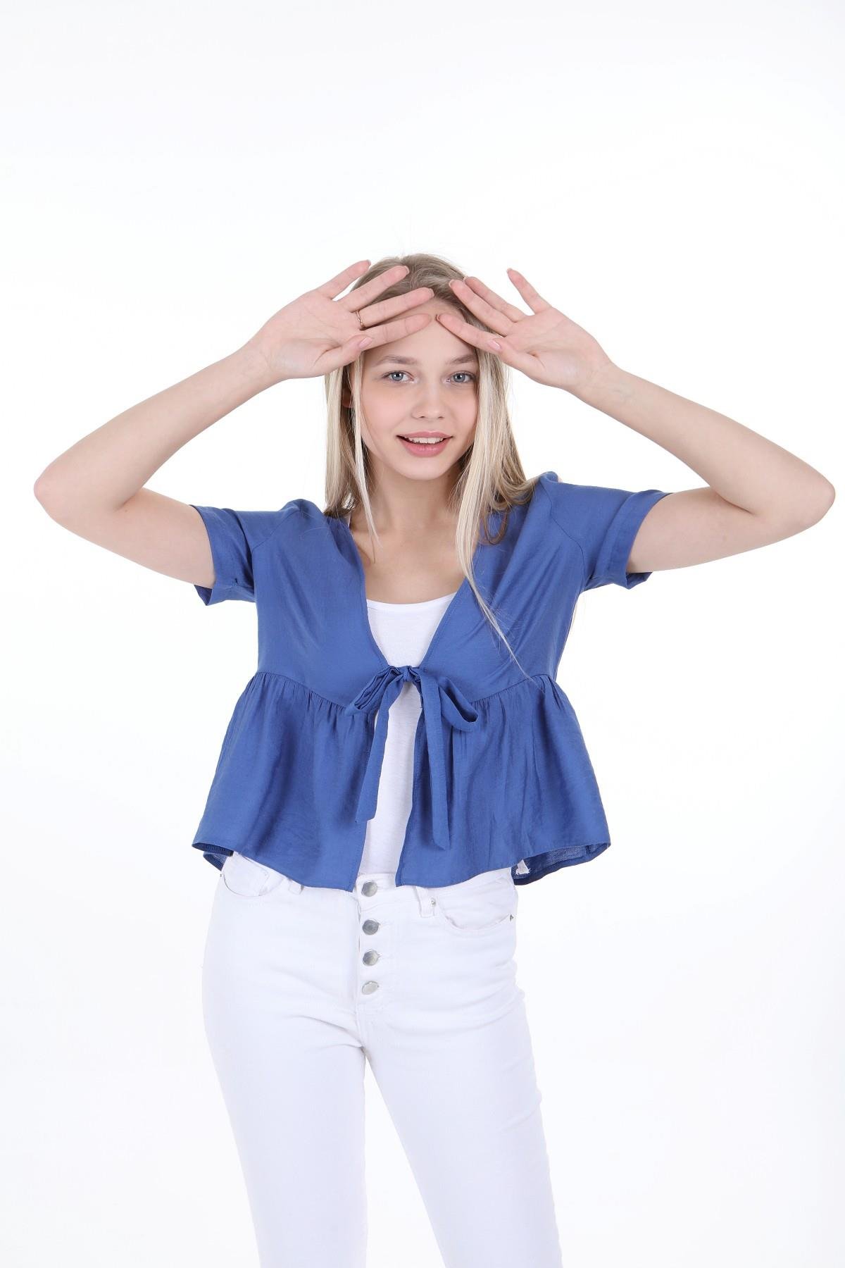 Bolero | Kimono | KapÖnden Bağlamalı Yarım Kollu İndigo BolerodisentisÖnden Bağlamalı Yarım Kollu İndigo Bolero