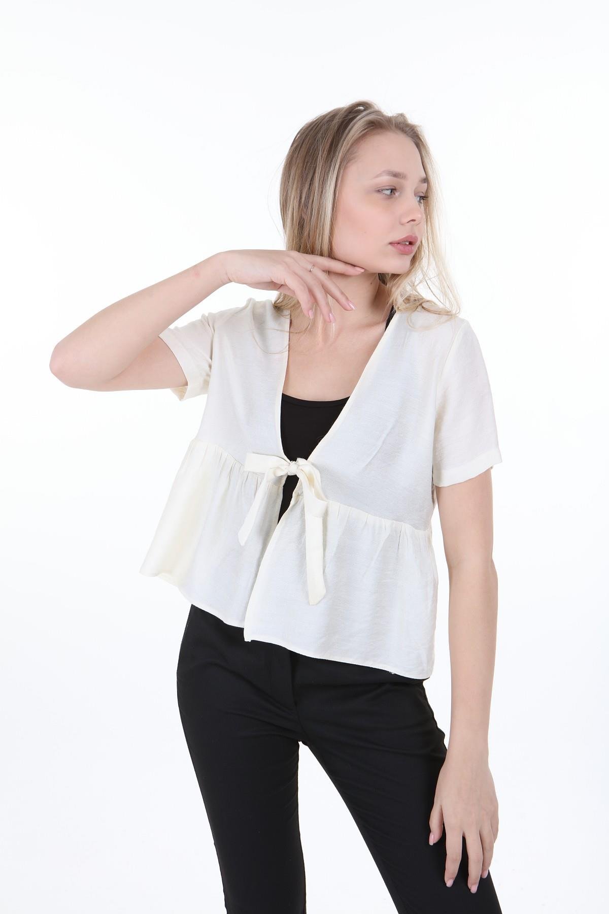 Bolero | Kimono | KapdisentisÖnden Bağlamalı Yarım Kollu Ekru Bolero