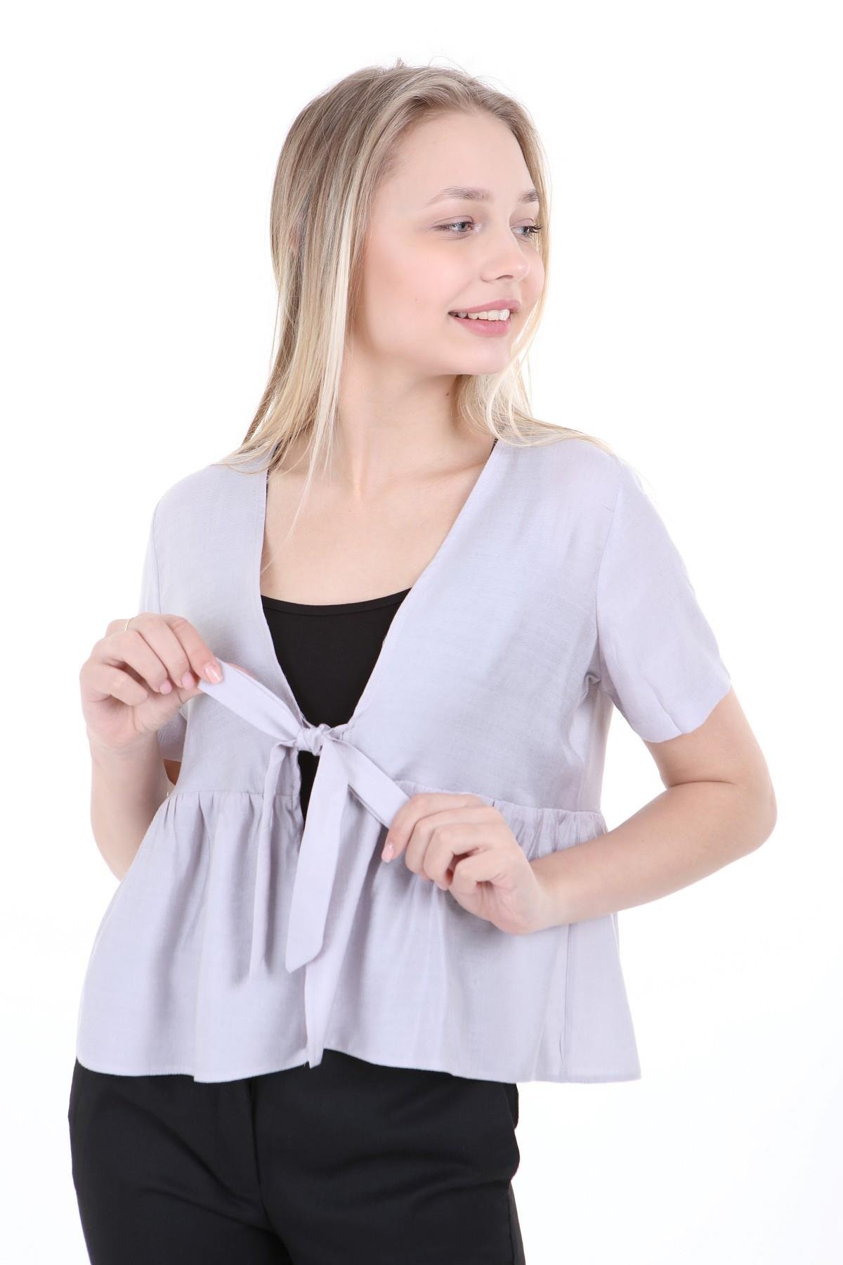 Bolero | Kimono | KapdisentisÖnden Bağlamalı Yarım Kollu Gri Bolero