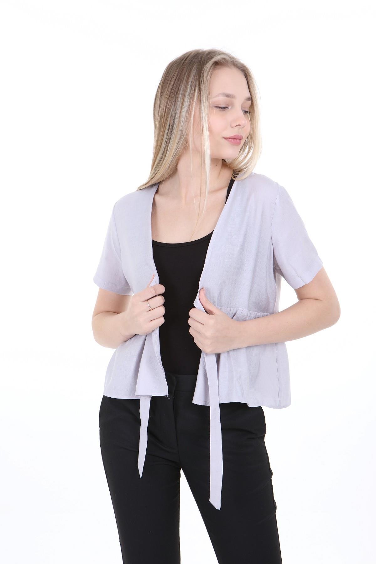 Bolero | Kimono | KapdisentisÖnden Bağlamalı Yarım Kollu Gri Bolero