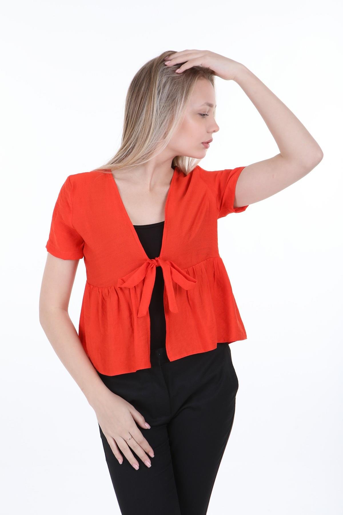 Bolero | Kimono | KapdisentisÖnden Bağlamalı Yarım Kollu Mercan Rengi Bolero