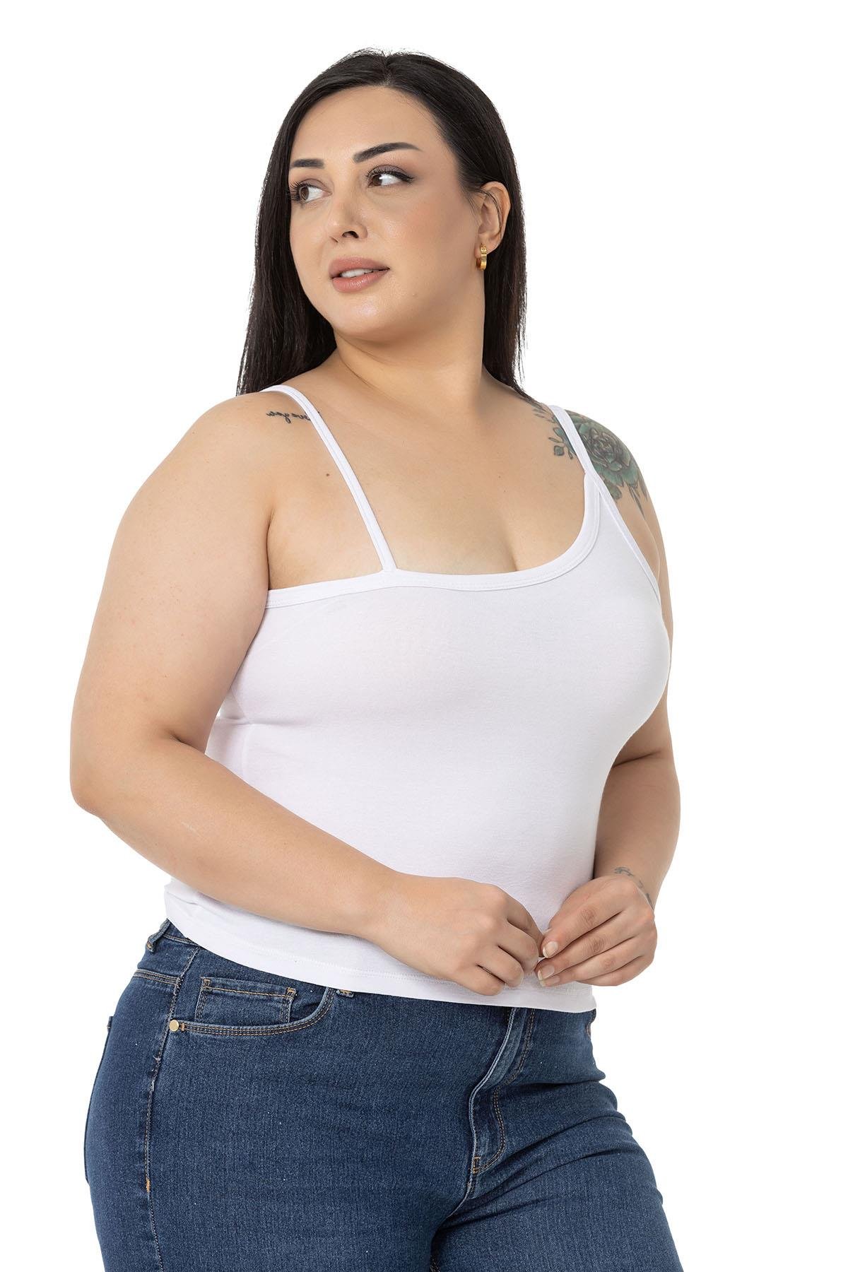 Büyük Beden Asimetrik Askılı Viskon Beyaz Body