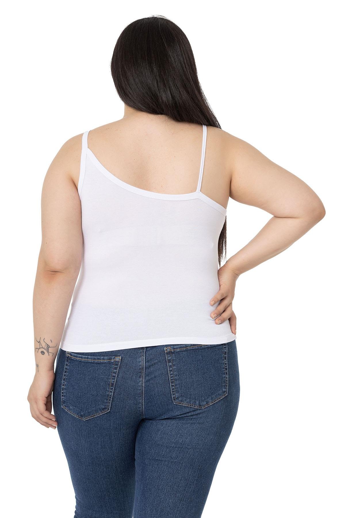 Büyük Beden Asimetrik Askılı Viskon Beyaz Body