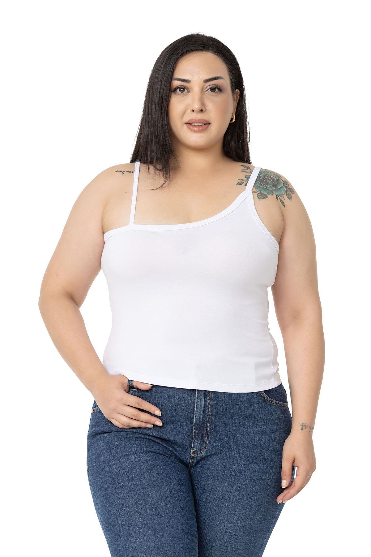Büyük Beden Asimetrik Askılı Viskon Beyaz Body