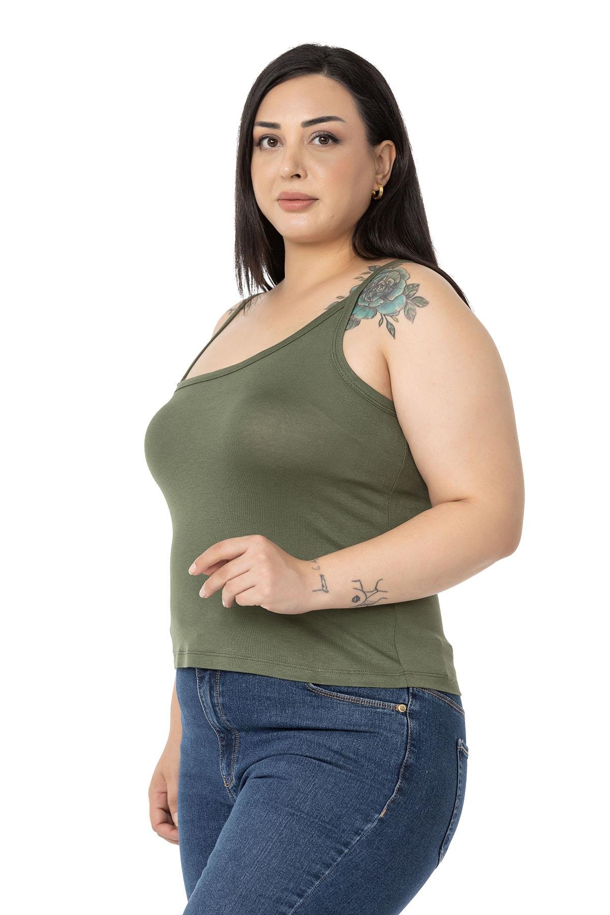 Büyük Beden Asimetrik Askılı Viskon Haki Body