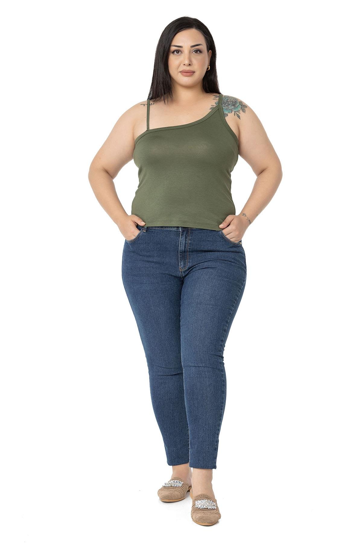 Büyük Beden Asimetrik Askılı Viskon Haki Body