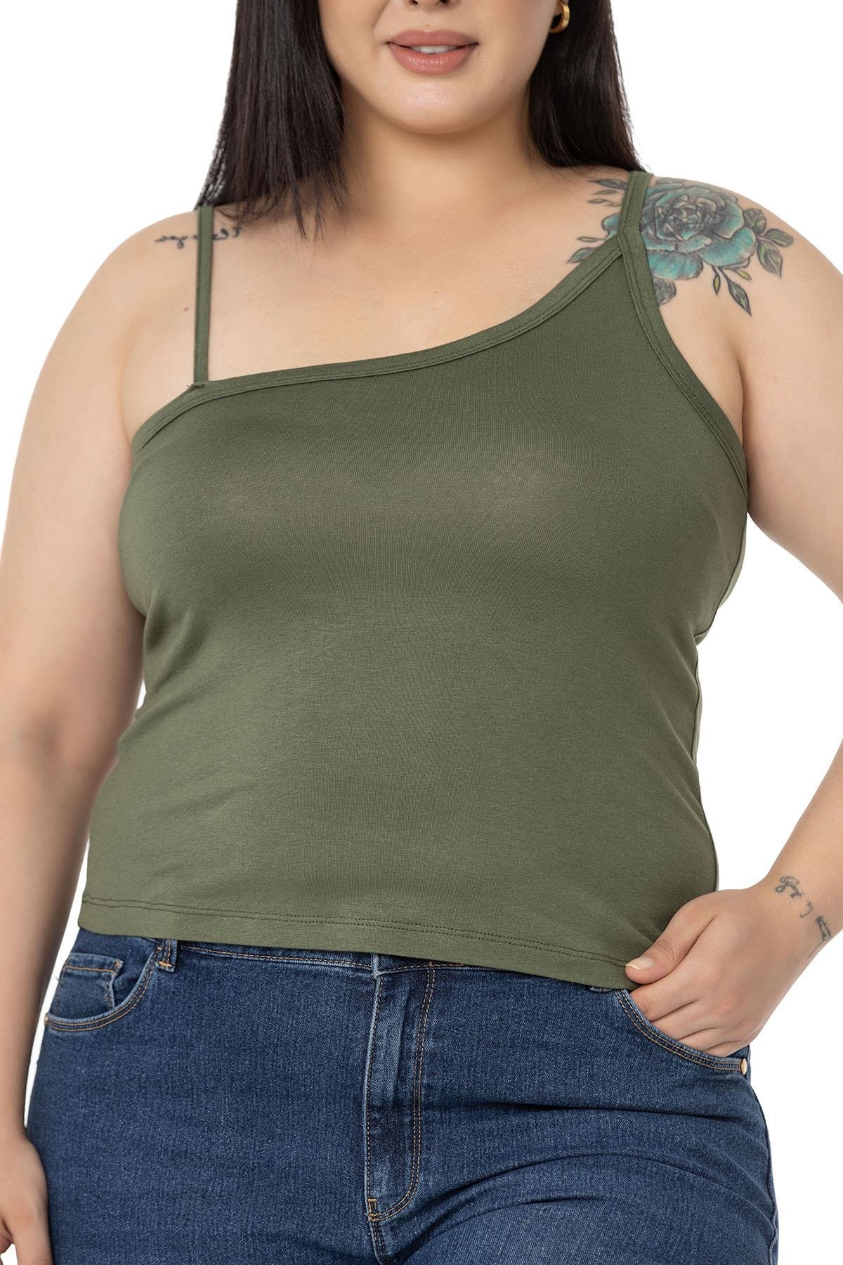 Büyük Beden Asimetrik Askılı Viskon Haki Body