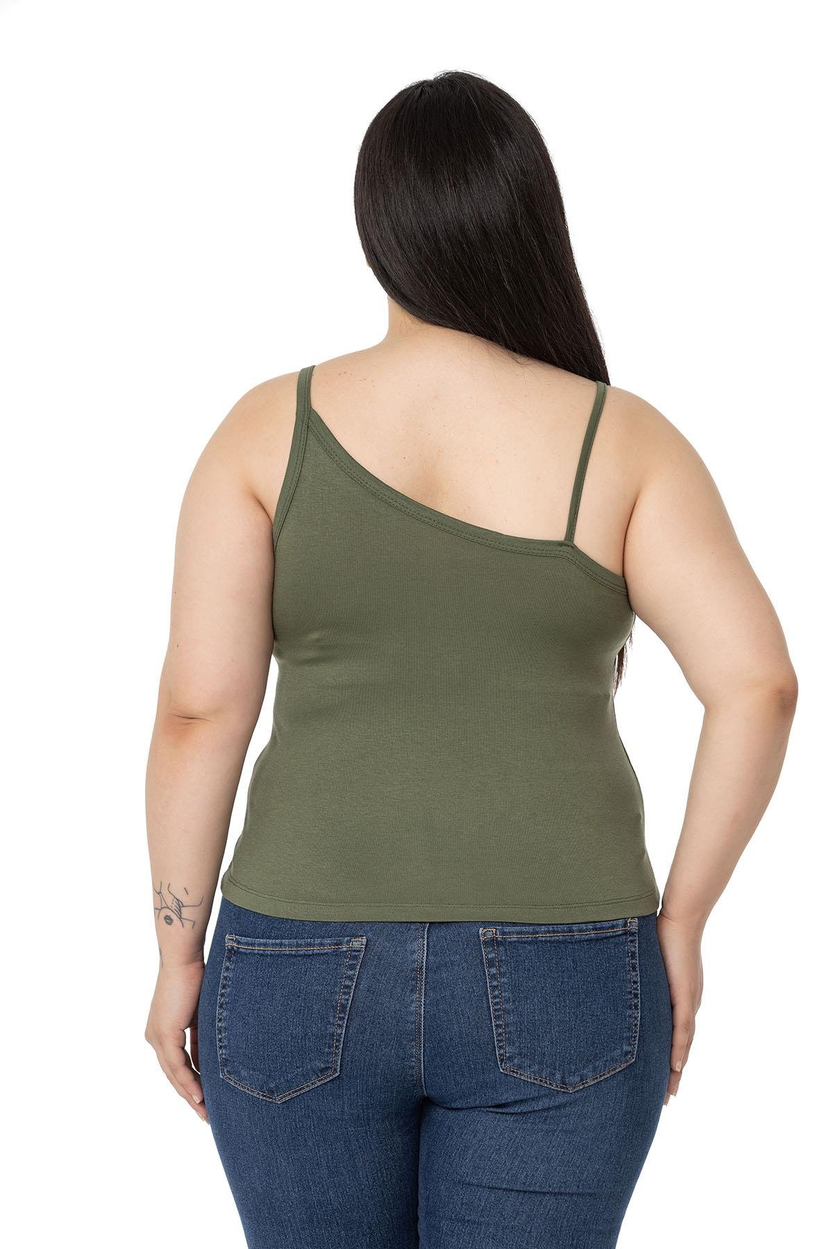 Büyük Beden Asimetrik Askılı Viskon Haki Body