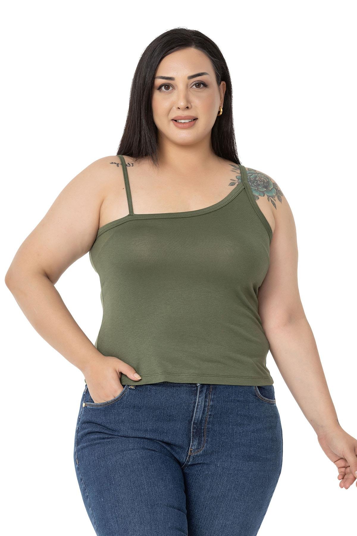 Büyük Beden Asimetrik Askılı Viskon Haki Body