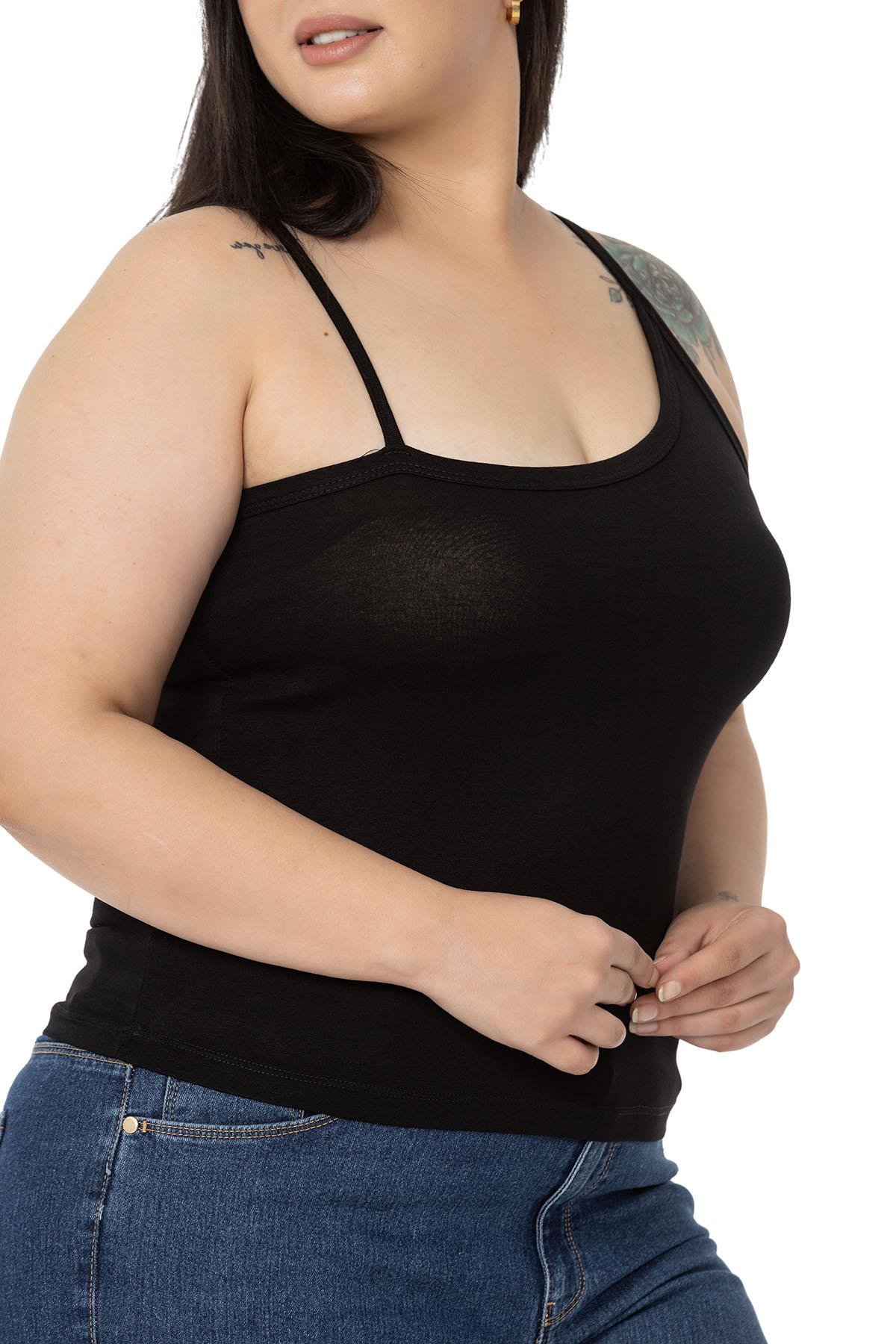 Büyük Beden Asimetrik Askılı Viskon Siyah Body