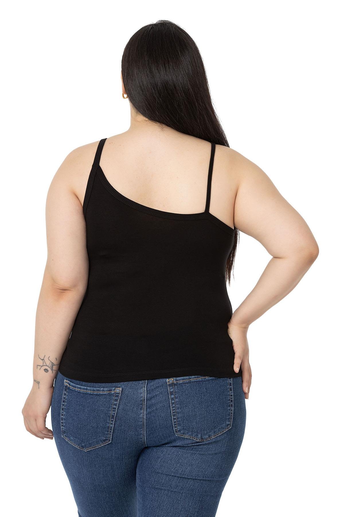 Büyük Beden Asimetrik Askılı Viskon Siyah Body