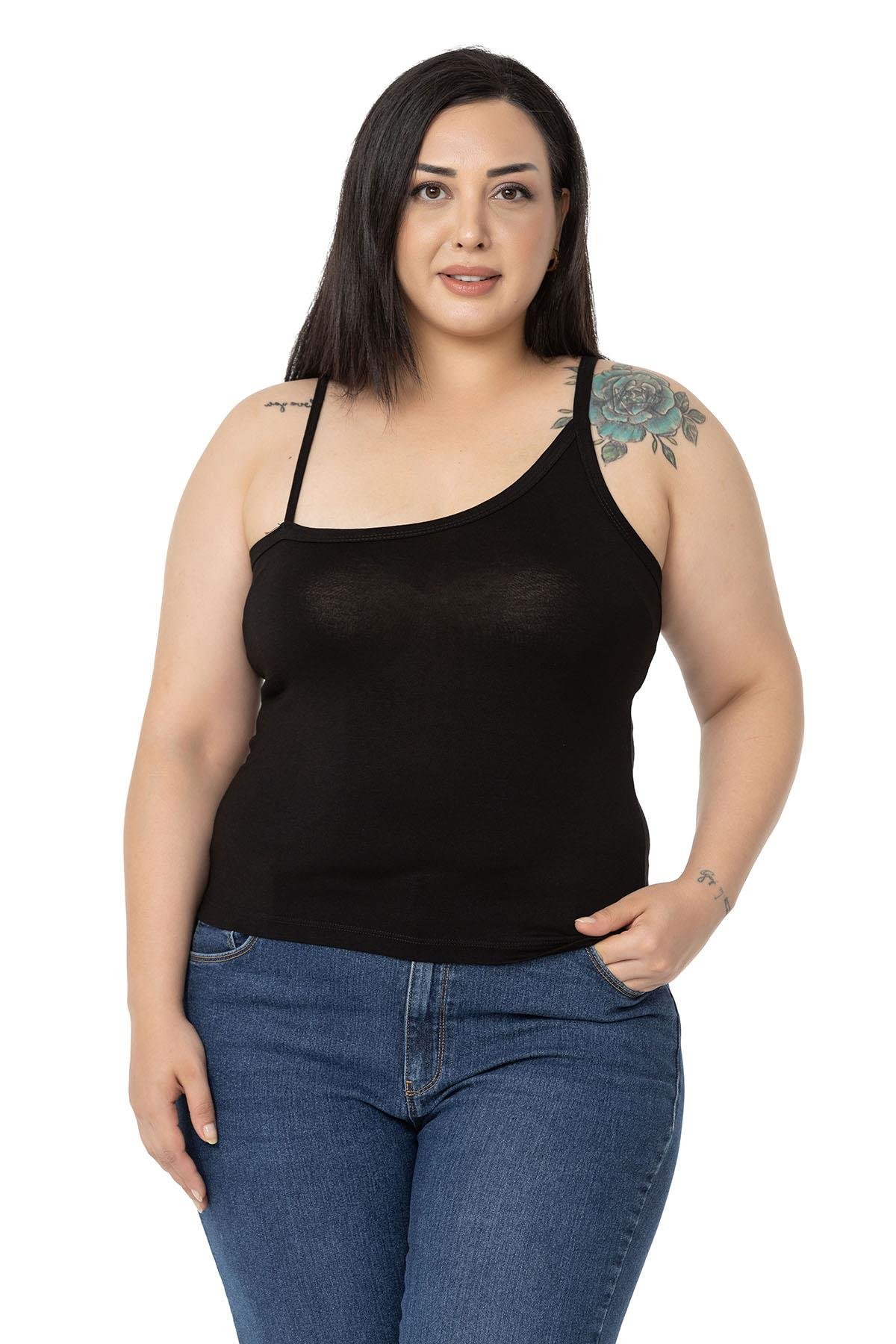 Büyük Beden Asimetrik Askılı Viskon Siyah Body