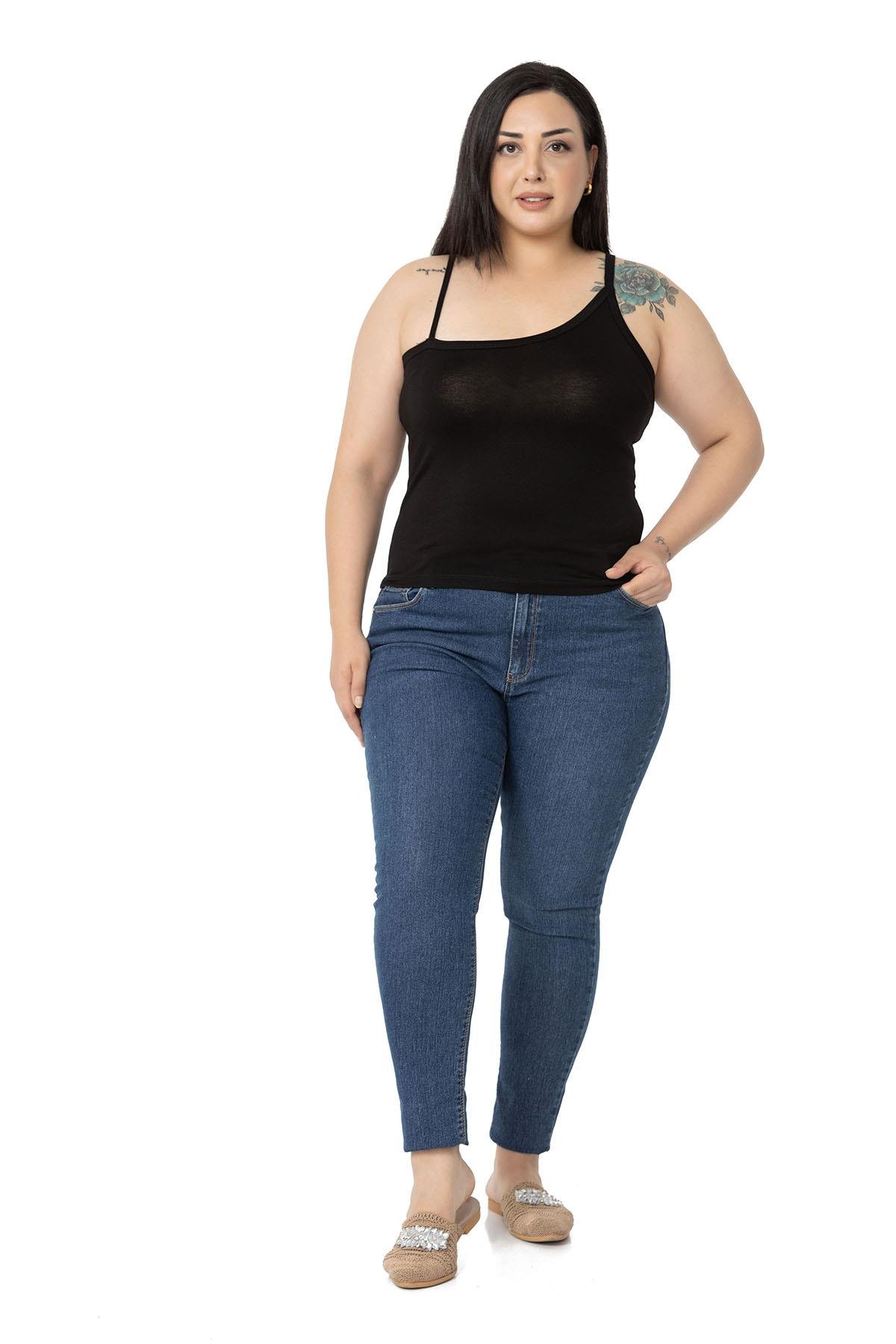 Büyük Beden Asimetrik Askılı Viskon Siyah Body