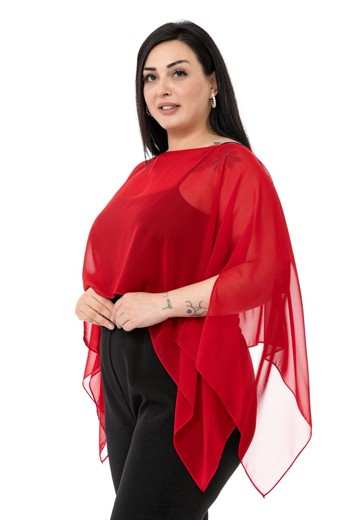 Büyük Beden Asimetrik Kesim Şifon Kırmızı Pelerin Bolero