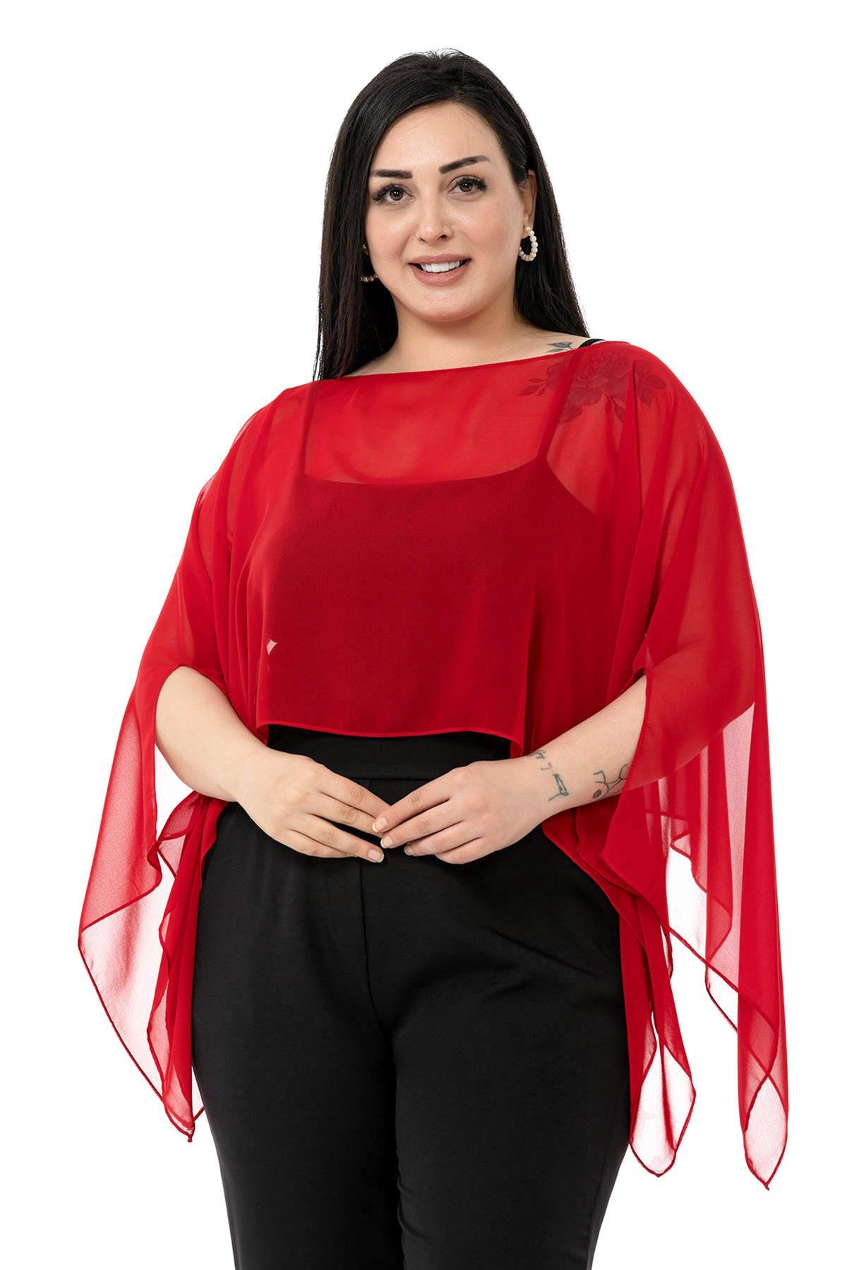 Büyük Beden Asimetrik Kesim Şifon Kırmızı Pelerin Bolero