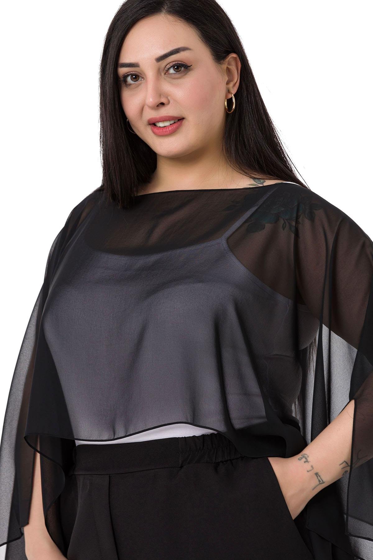 Büyük Beden Asimetrik Kesim Şifon Siyah Pelerin Bolero