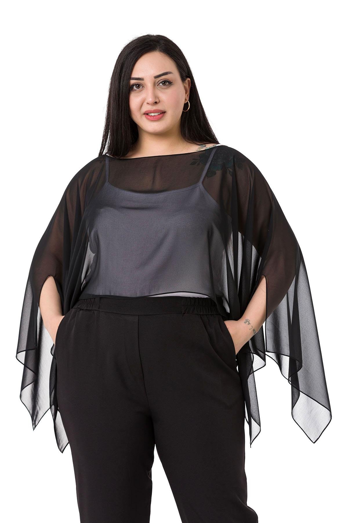 Büyük Beden Asimetrik Kesim Şifon Siyah Pelerin Bolero