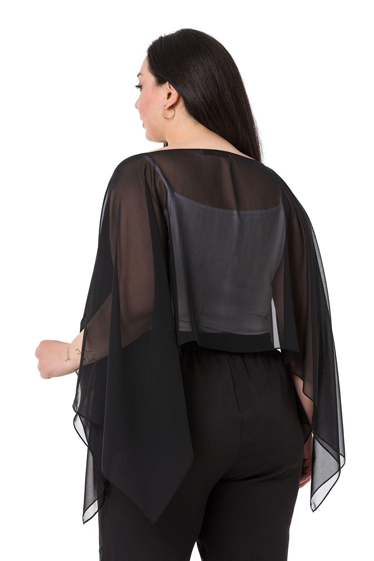 Büyük Beden Asimetrik Kesim Şifon Siyah Pelerin Bolero